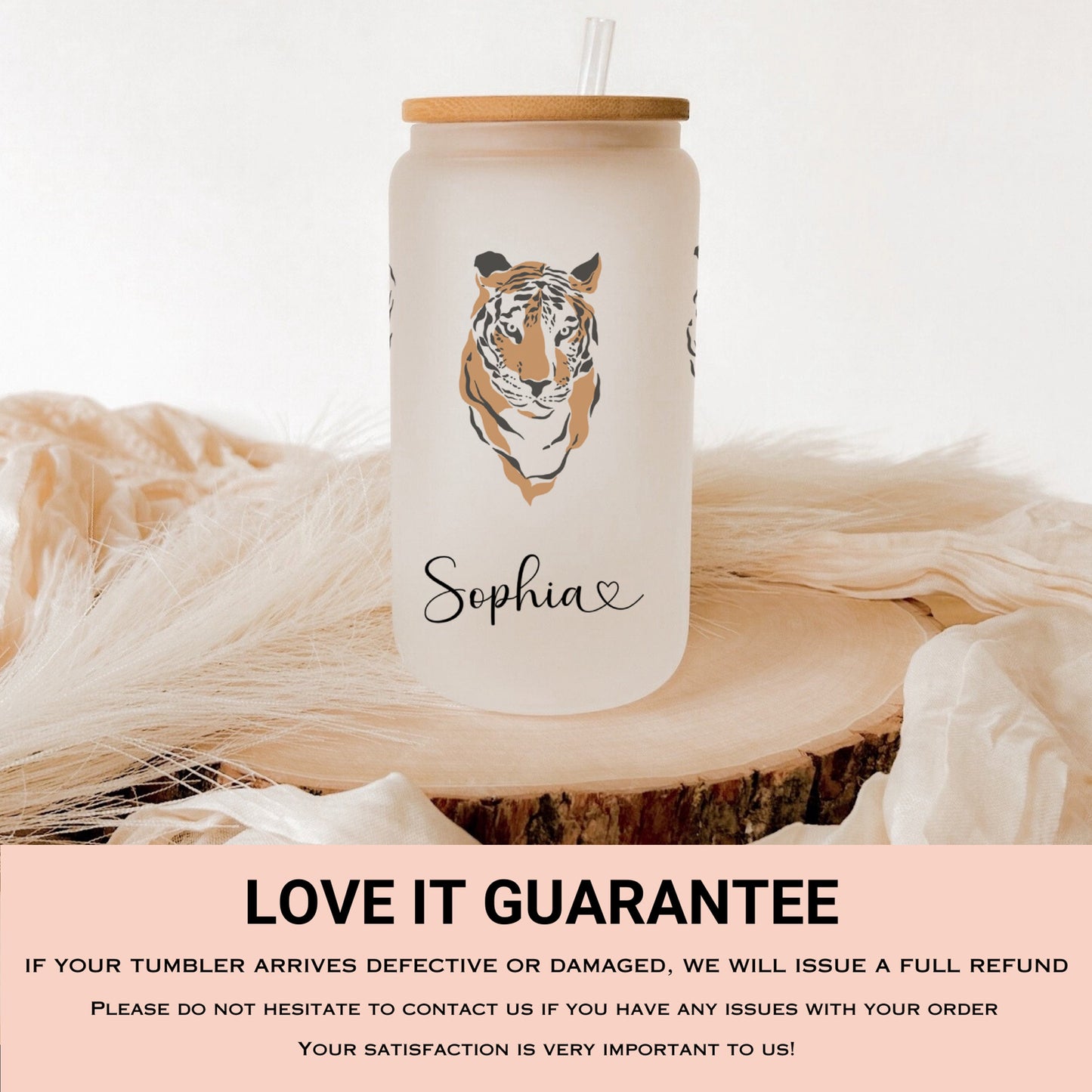 Personalized Tiger Frosted Glass Tumbler - Custom Iced Coffee Cup | Unique Gift for Tiger Lovers