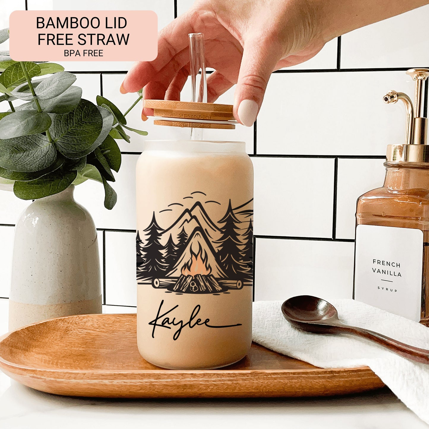 Personalized Camping Frosted Glass Tumbler - Custom Cup for Outdoor & Coffee Lovers