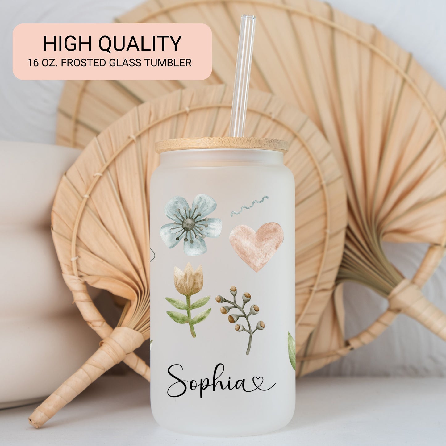 Custom Modern Floral Frosted Glass Tumbler - Stylish Iced Coffee Cup