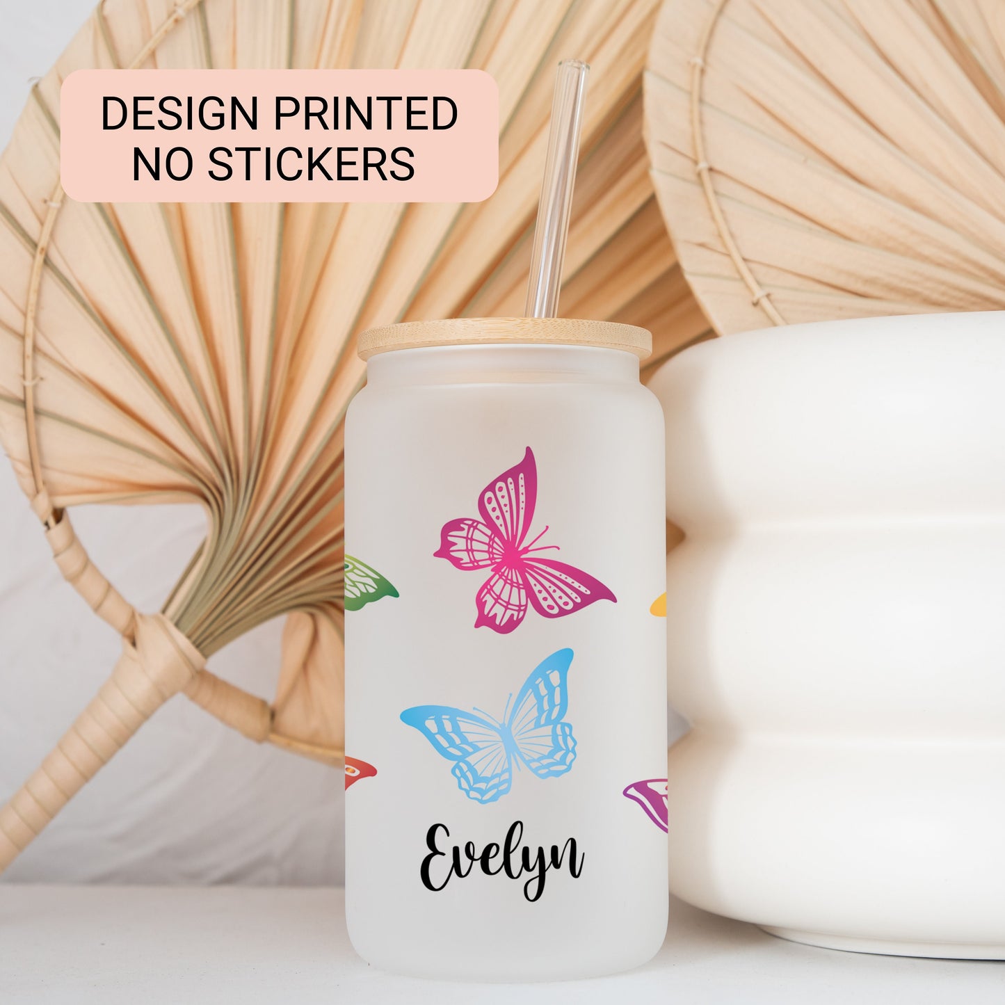 Personalized Butterfly Frosted Glass Cup - Custom Iced Coffee Tumbler for Butterfly Lovers