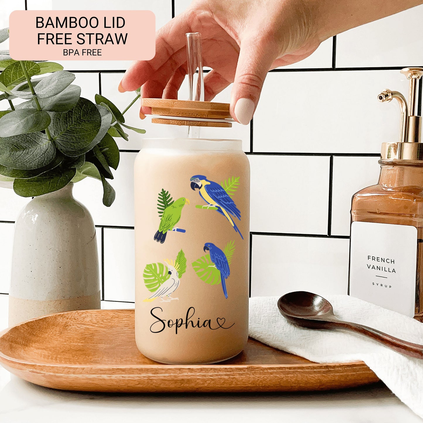 Personalized Parrot Frosted Glass Tumbler - Custom Tropical Iced Coffee Cup for Bird Lovers