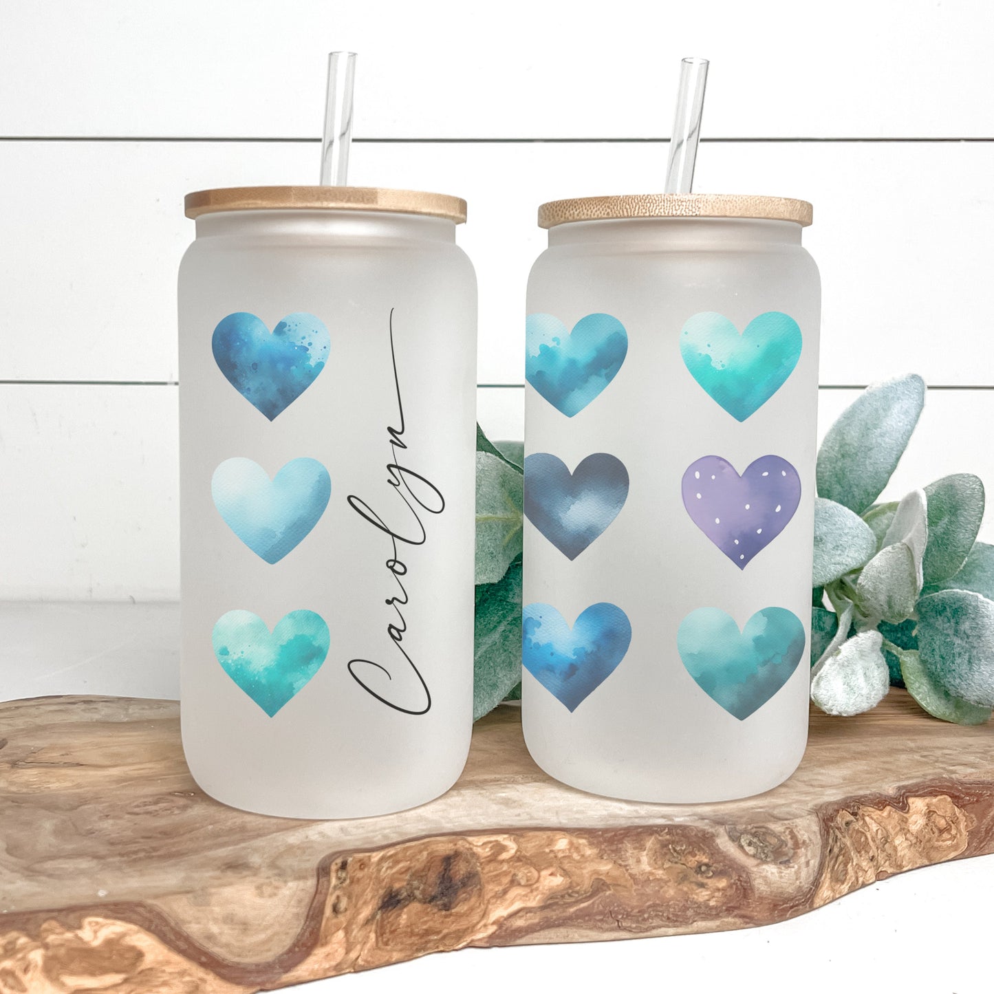 Personalized Blue Heart Glass Cup - Custom Frosted Tumbler for Iced Coffee Lovers