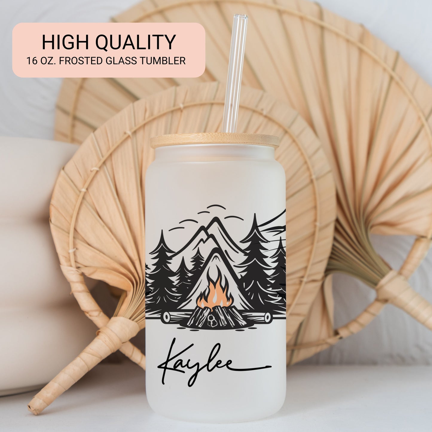 Personalized Camping Frosted Glass Tumbler - Custom Cup for Outdoor & Coffee Lovers
