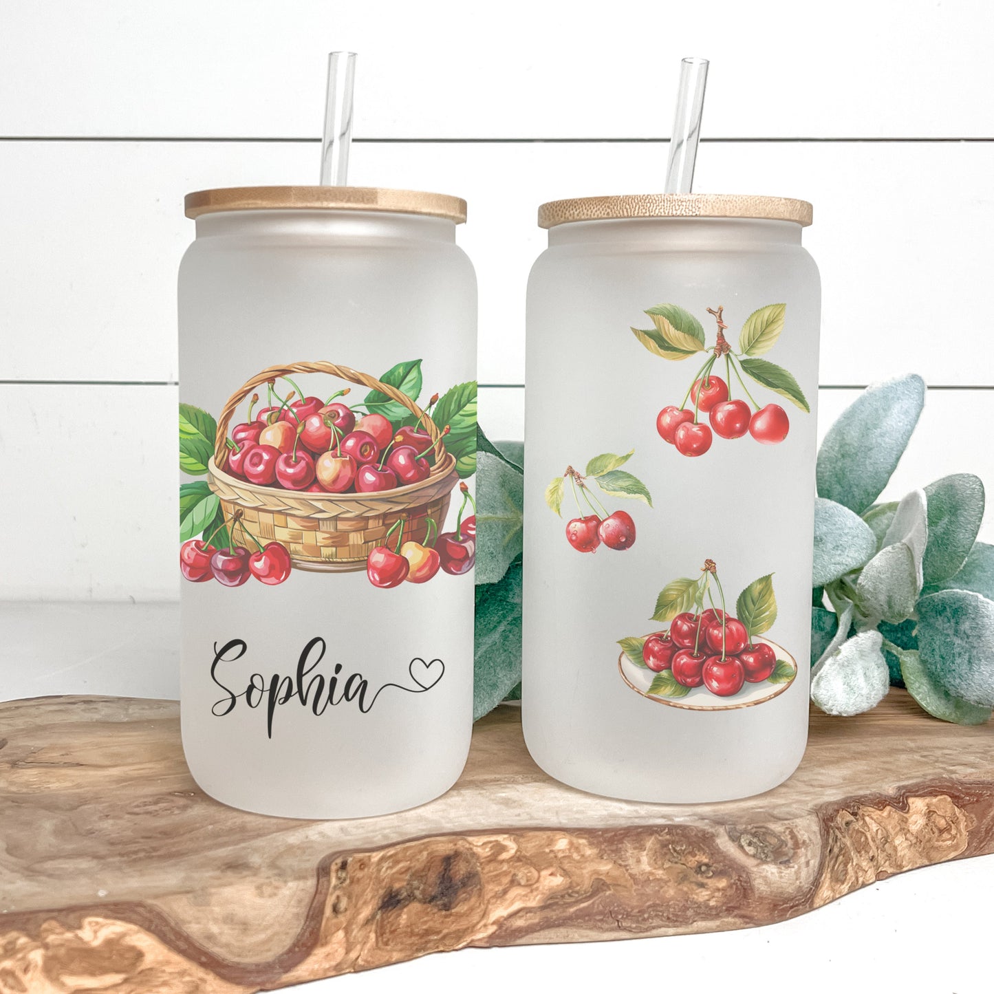 Personalized Cherry Glass Tumbler - Custom Frosted Cup for Iced Coffee Lovers