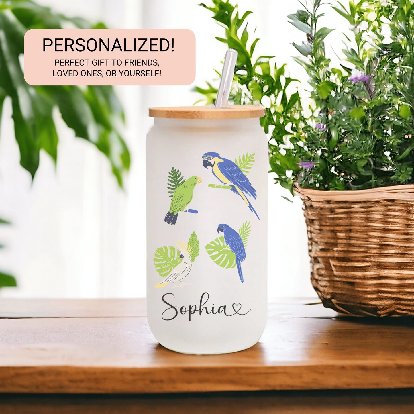 Personalized Parrot Frosted Glass Tumbler - Custom Tropical Iced Coffee Cup for Bird Lovers