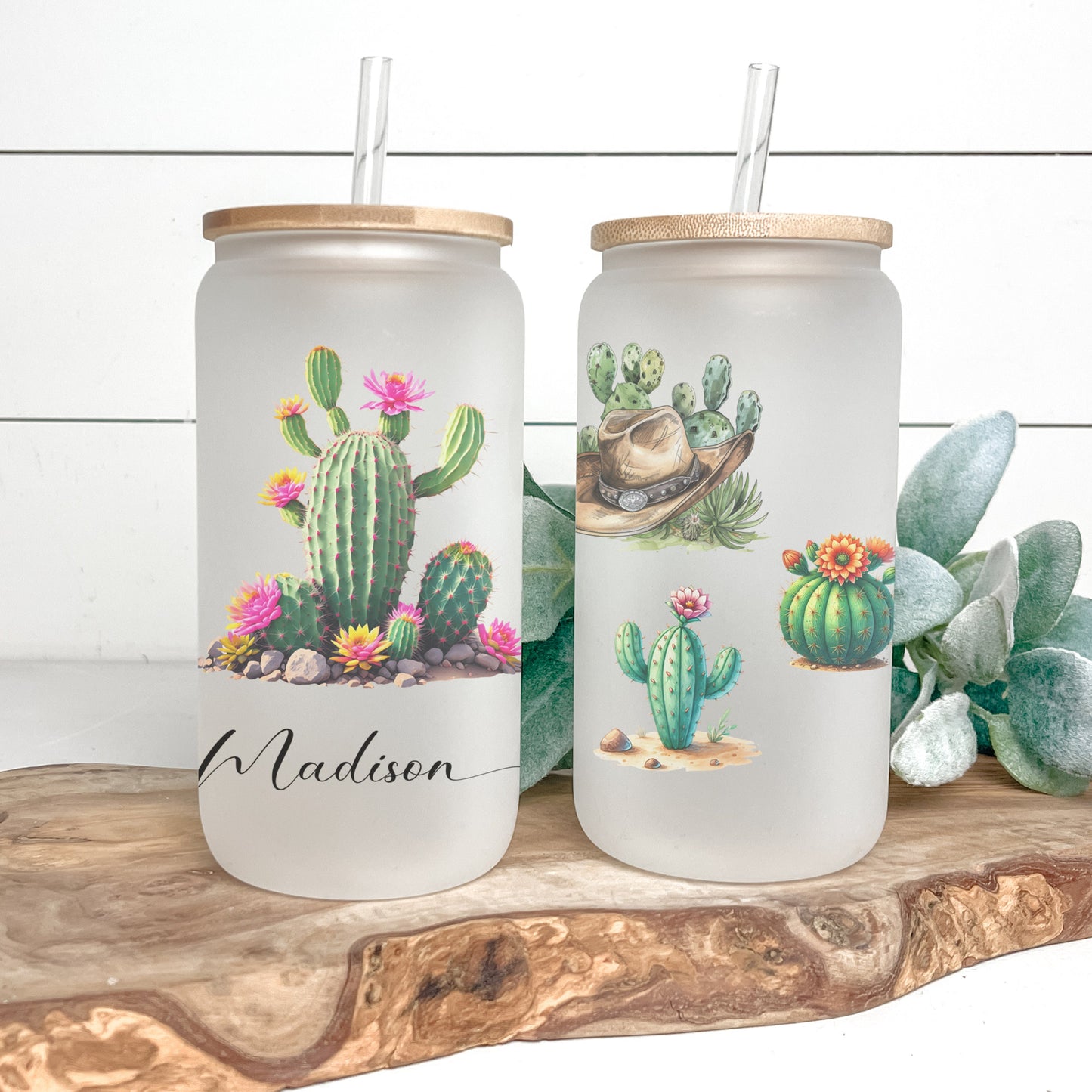 Personalized Cactus Frosted Glass Cup - Custom Tumbler for Iced Coffee Lovers