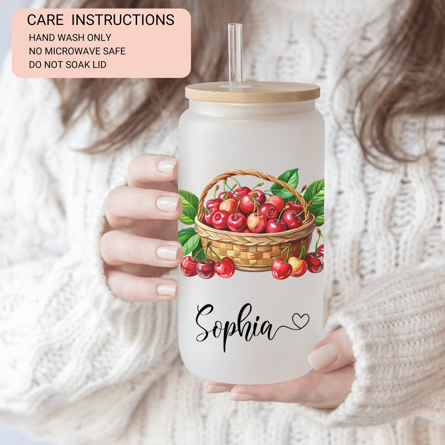 Personalized Cherry Glass Tumbler - Custom Frosted Cup for Iced Coffee Lovers