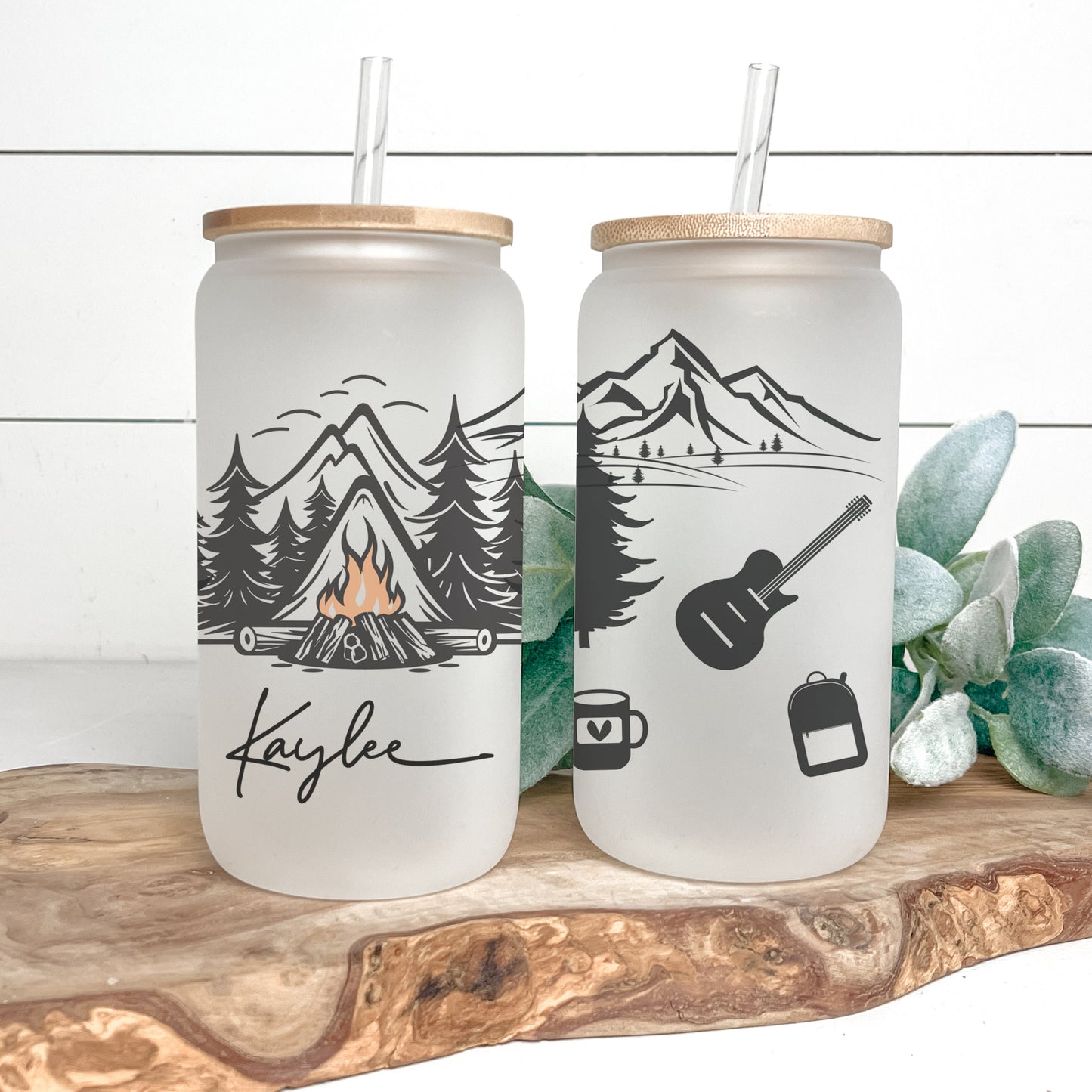 Personalized Camping Frosted Glass Tumbler - Custom Cup for Outdoor & Coffee Lovers