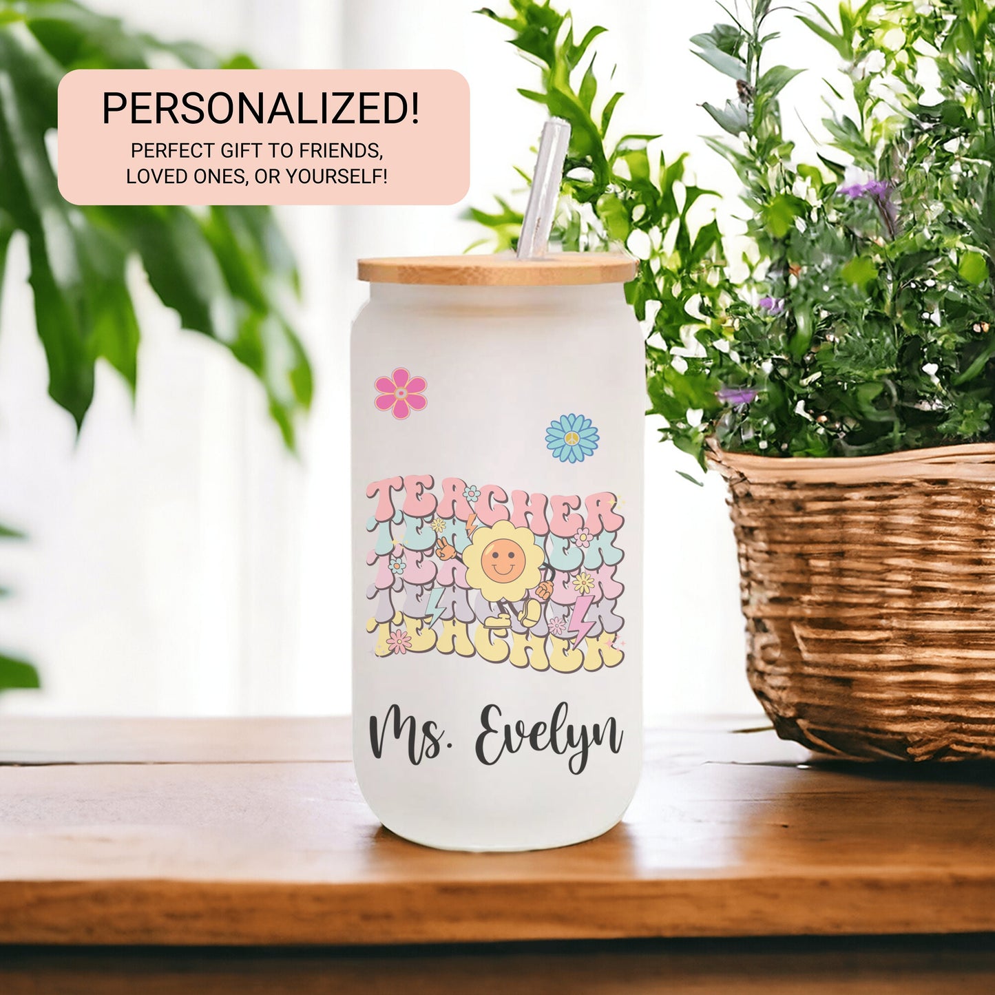 Personalized Retro Teacher Frosted Tumbler - Custom Iced Coffee Cup