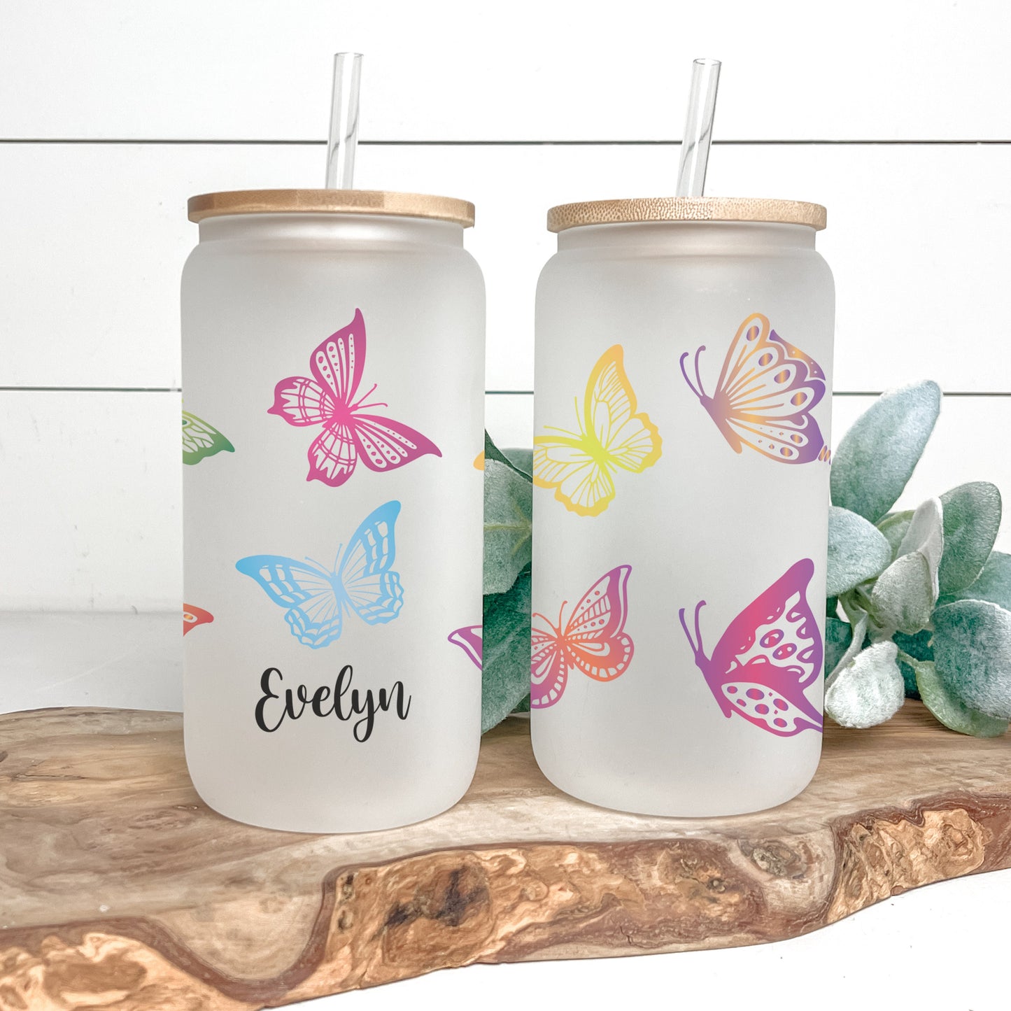 Personalized Butterfly Frosted Glass Cup - Custom Iced Coffee Tumbler for Butterfly Lovers