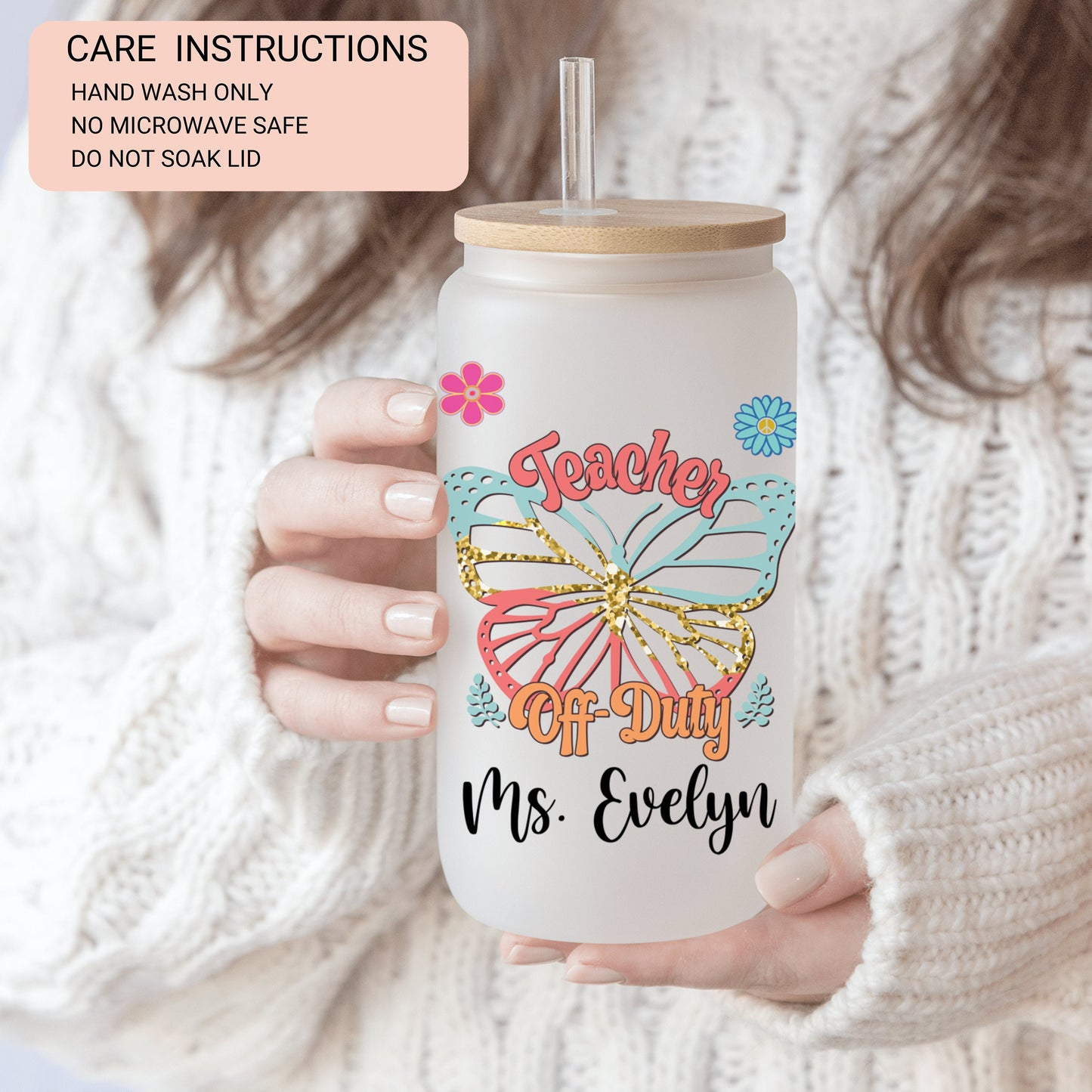 Personalized Teacher Frosted Glass Cup - Butterfly Design Iced Coffee Gift