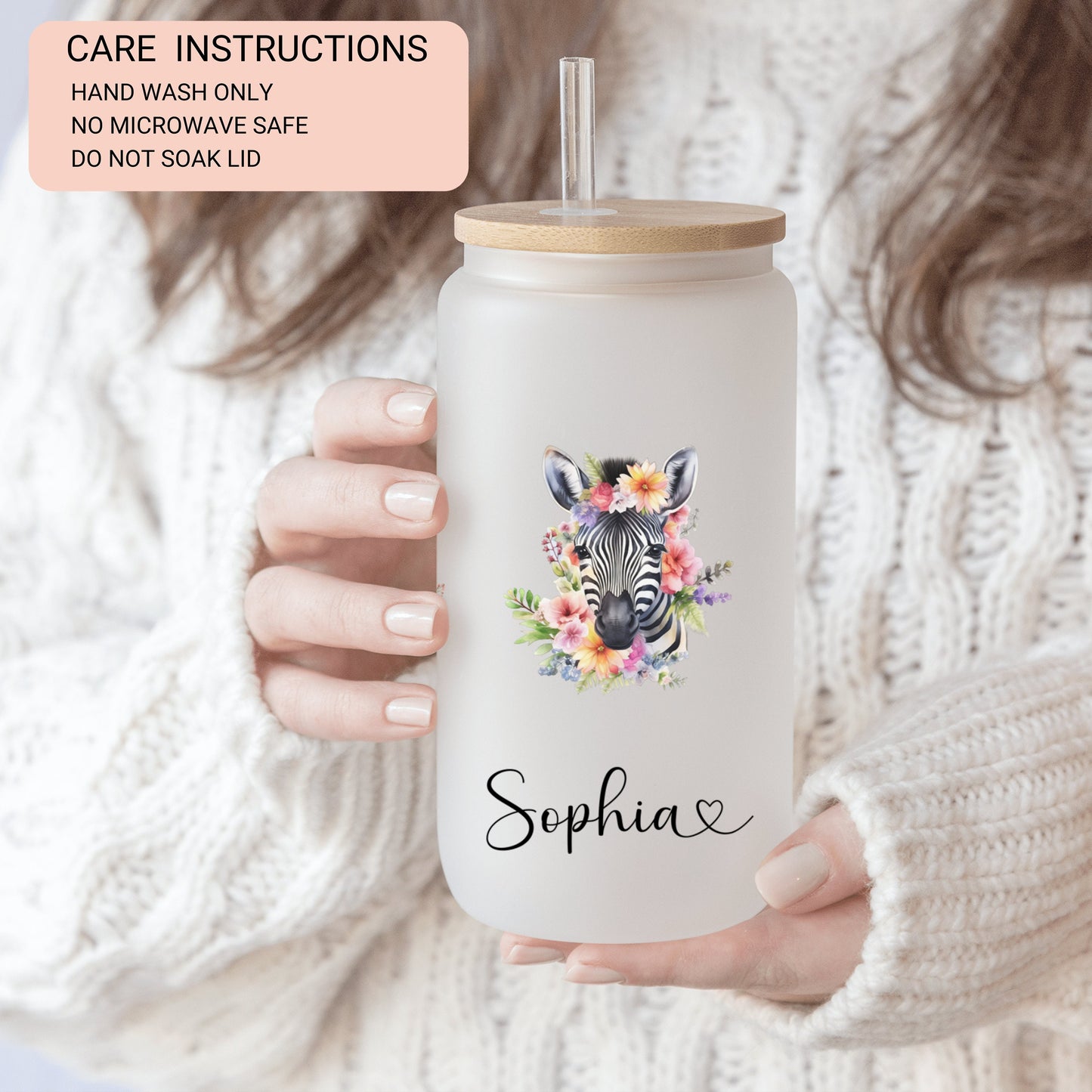 Personalized Zebra Frosted Glass Cup - Custom Iced Coffee Tumbler for Lovers