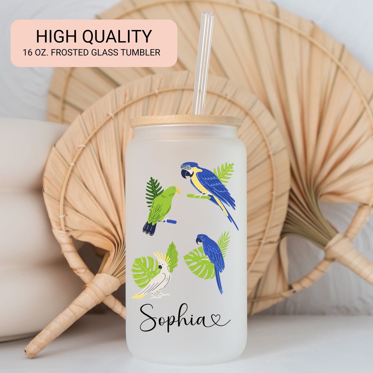 Personalized Parrot Frosted Glass Tumbler - Custom Tropical Iced Coffee Cup for Bird Lovers