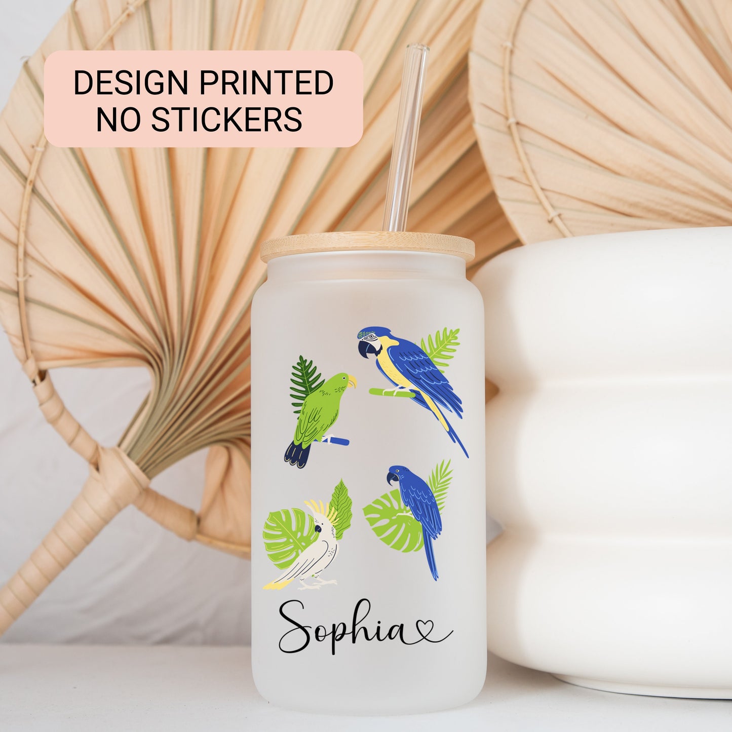 Personalized Parrot Frosted Glass Tumbler - Custom Tropical Iced Coffee Cup for Bird Lovers