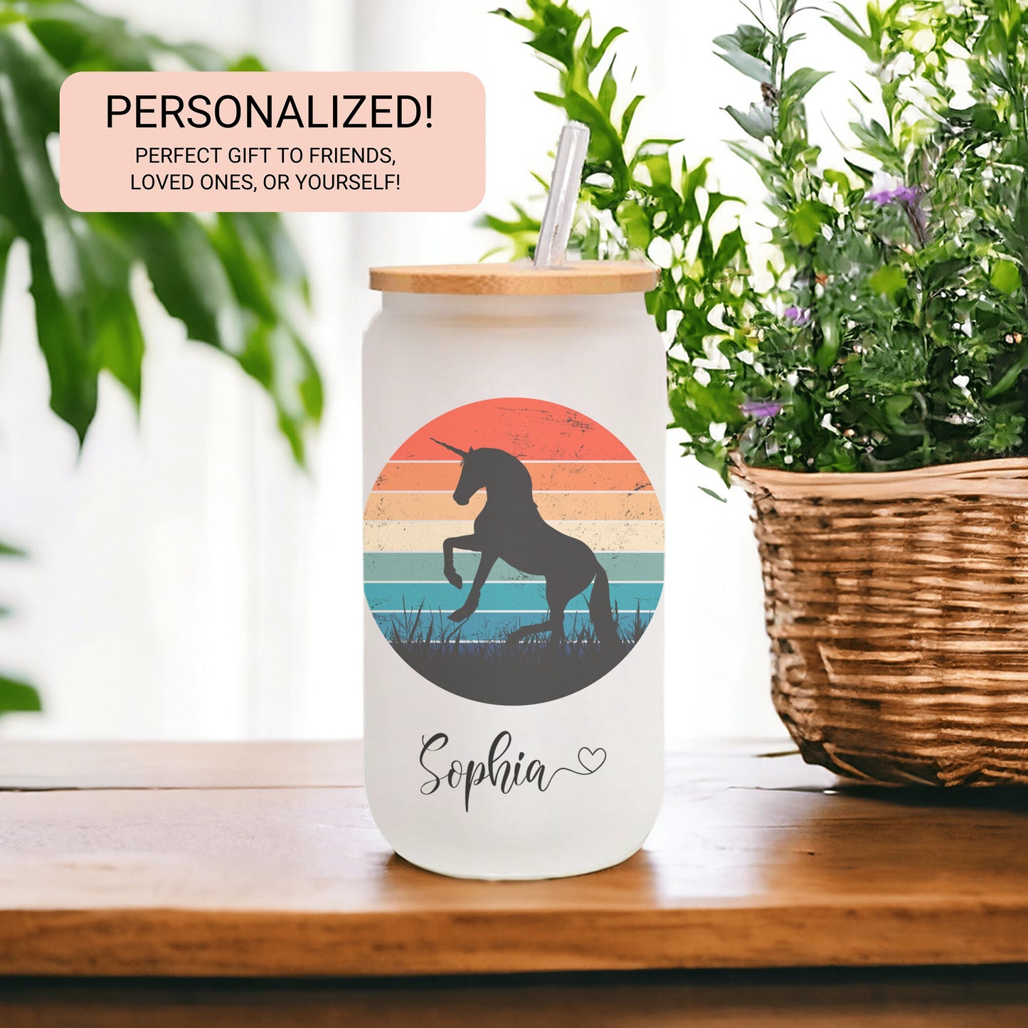 Personalized Unicorn Sunset Glass Cup - Custom Frosted Iced Coffee Tumbler