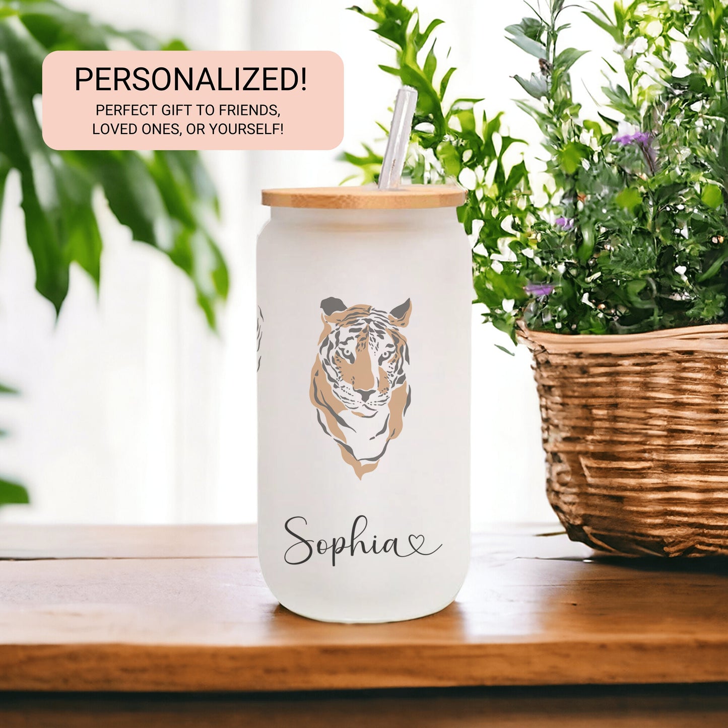 Personalized Tiger Frosted Glass Tumbler - Custom Iced Coffee Cup | Unique Gift for Tiger Lovers