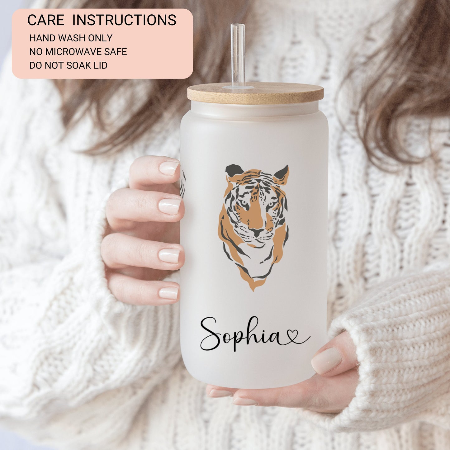 Personalized Tiger Frosted Glass Tumbler - Custom Iced Coffee Cup | Unique Gift for Tiger Lovers