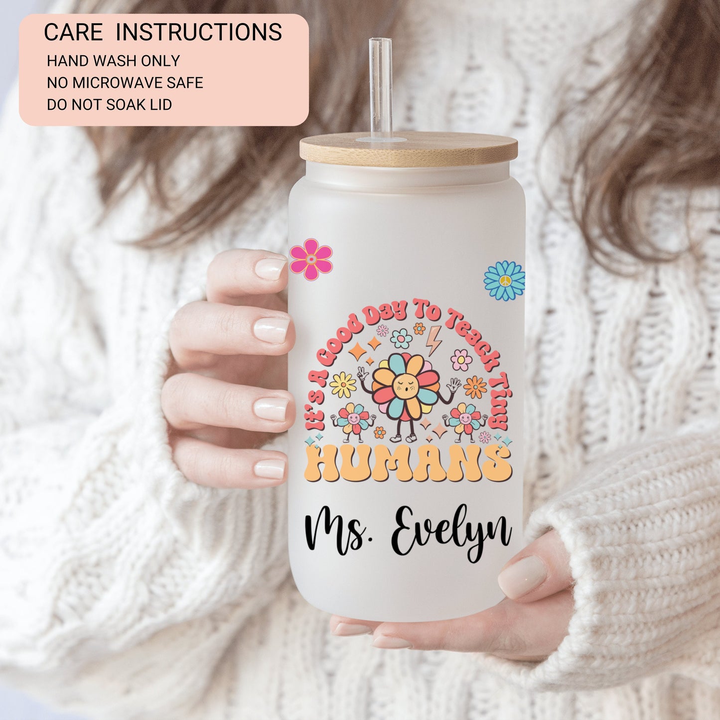 Personalized Teacher Frosted Glass Tumbler - Iced Coffee Cup for Tiny Humans