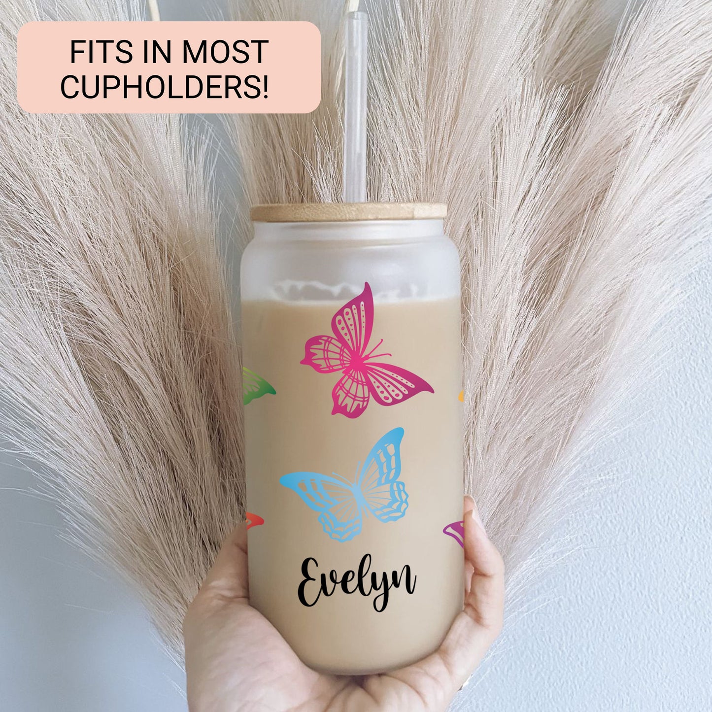 Personalized Butterfly Frosted Glass Cup - Custom Iced Coffee Tumbler for Butterfly Lovers