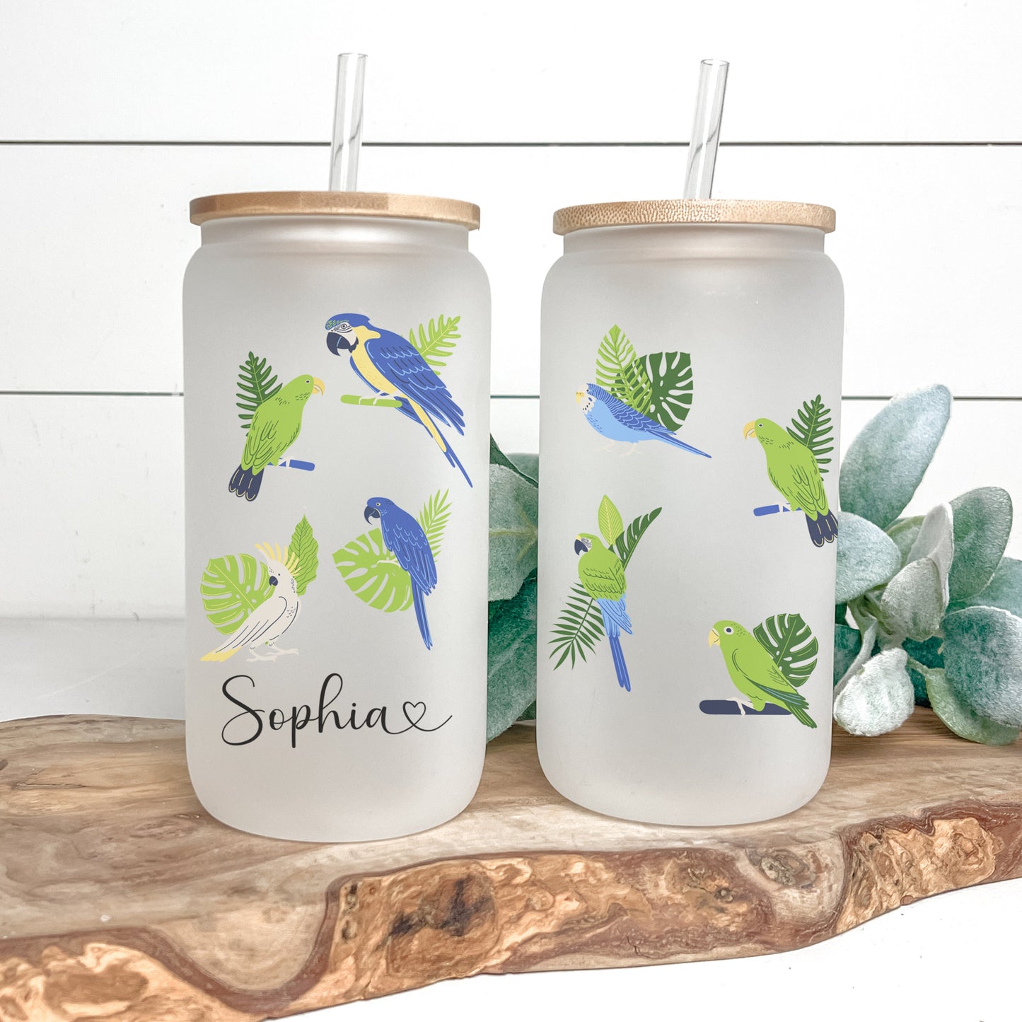Personalized Parrot Frosted Glass Tumbler - Custom Tropical Iced Coffee Cup for Bird Lovers