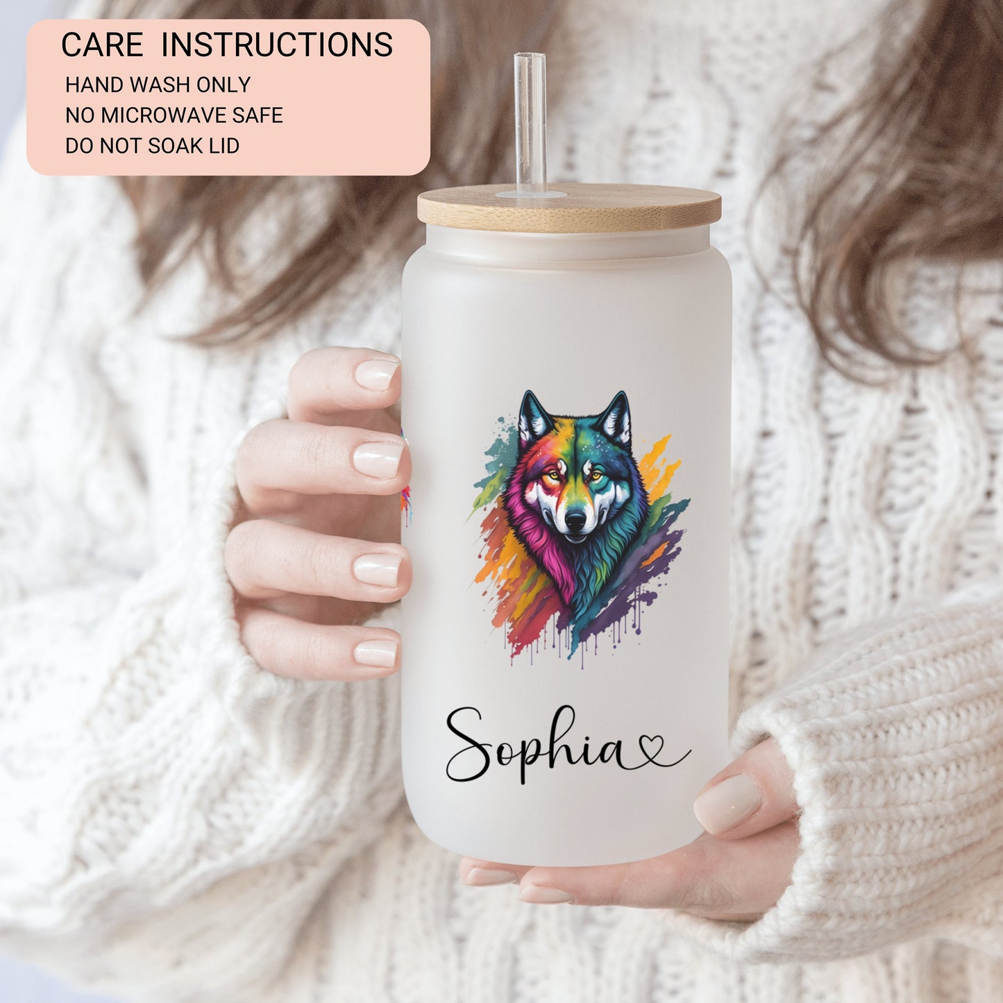 Personalized Wolf Frosted Glass Tumbler - Custom Iced Coffee Cup for Wolf Lovers