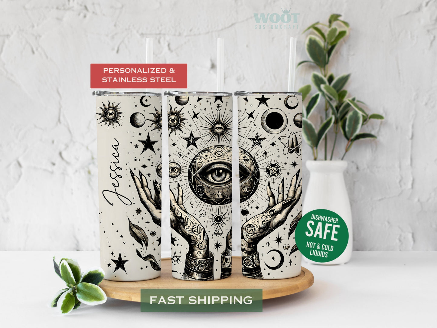 Three tumblers show all the sides of a personalized Magic Witch Hand Tumbler.