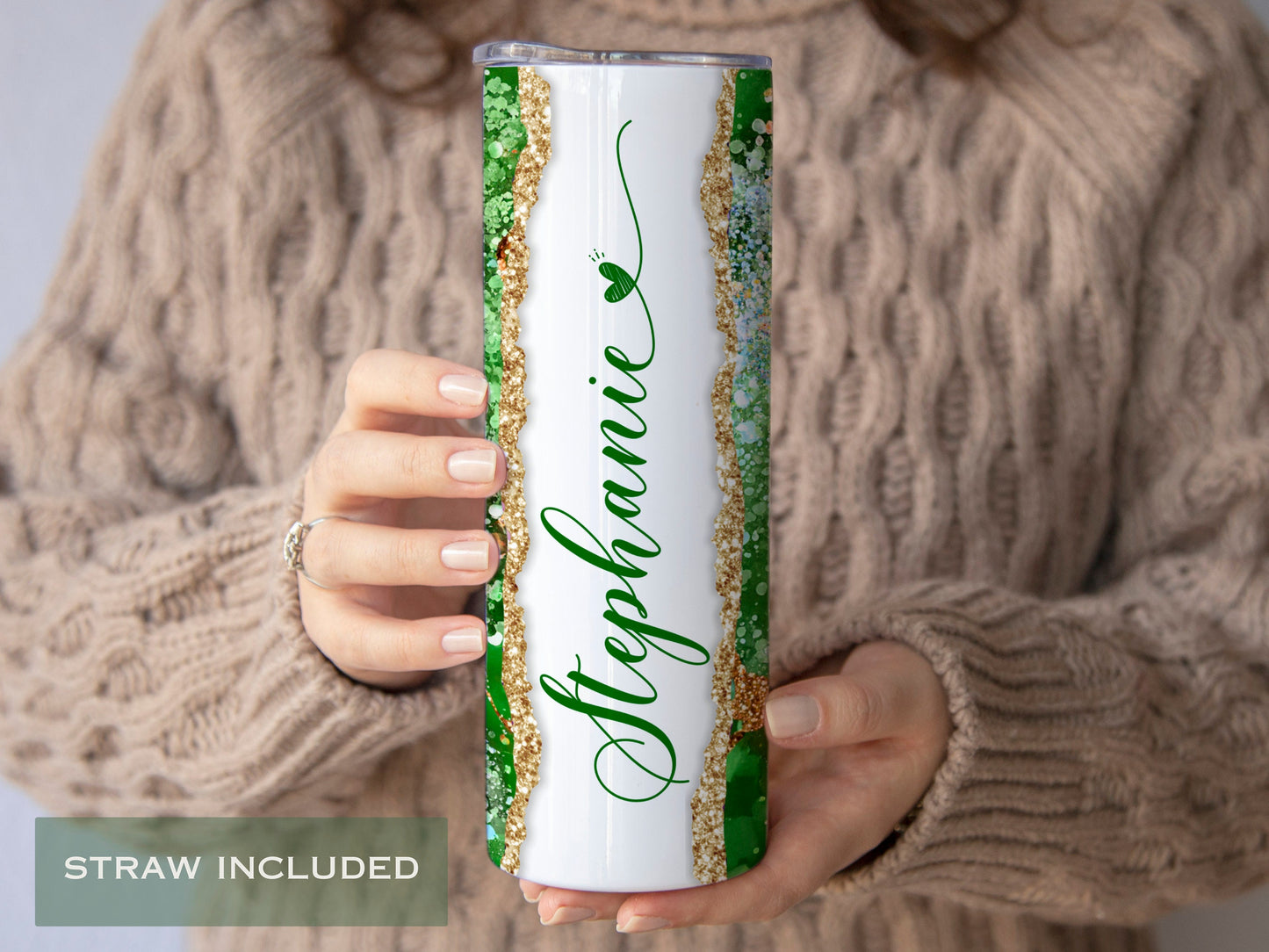 Personalized Green Agate Tumbler - Custom Name Gift for Her or Bridesmaid