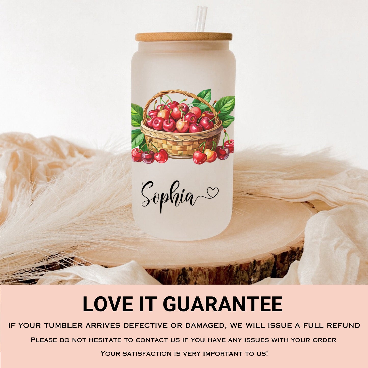 Personalized Cherry Glass Tumbler - Custom Frosted Cup for Iced Coffee Lovers