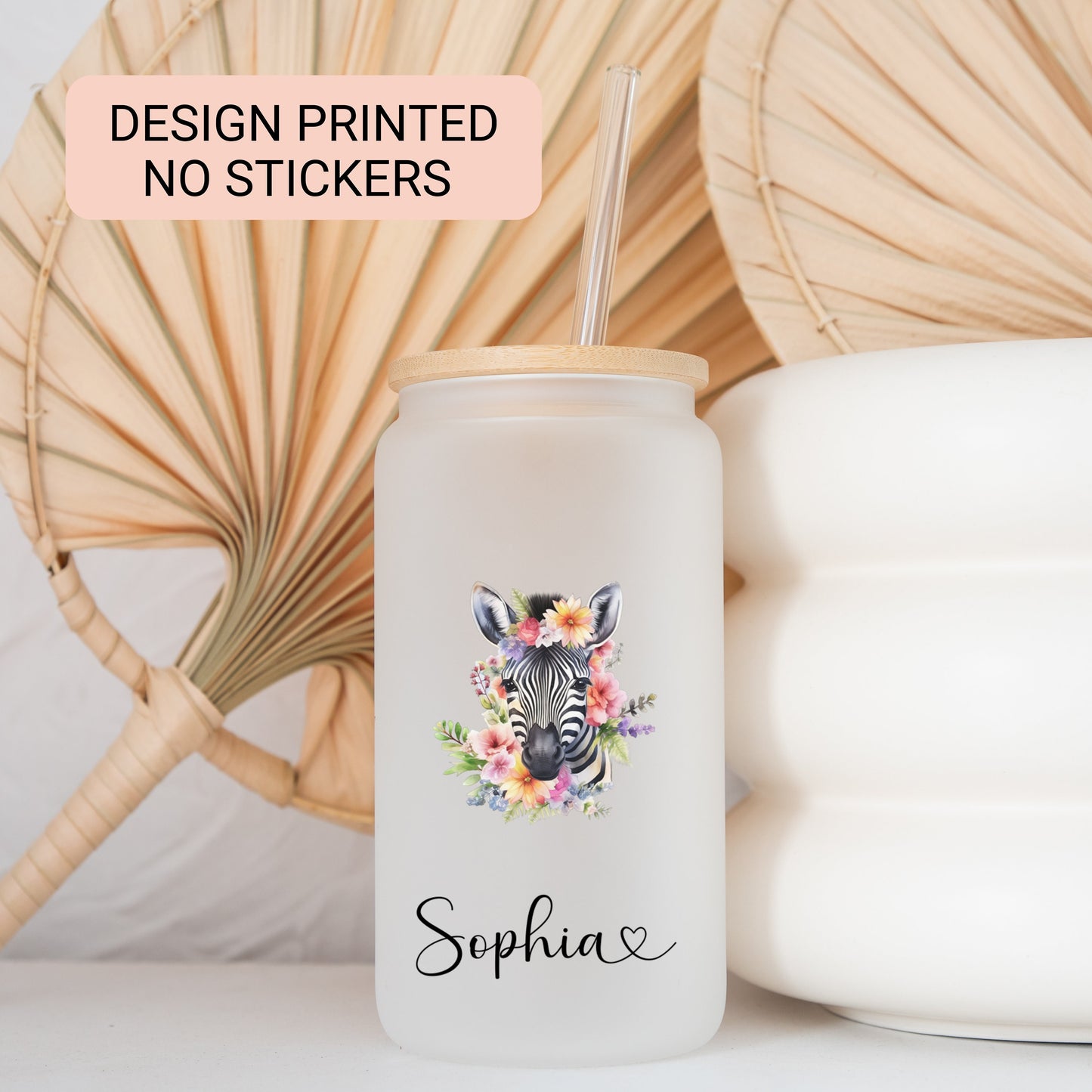 Personalized Zebra Frosted Glass Cup - Custom Iced Coffee Tumbler for Lovers