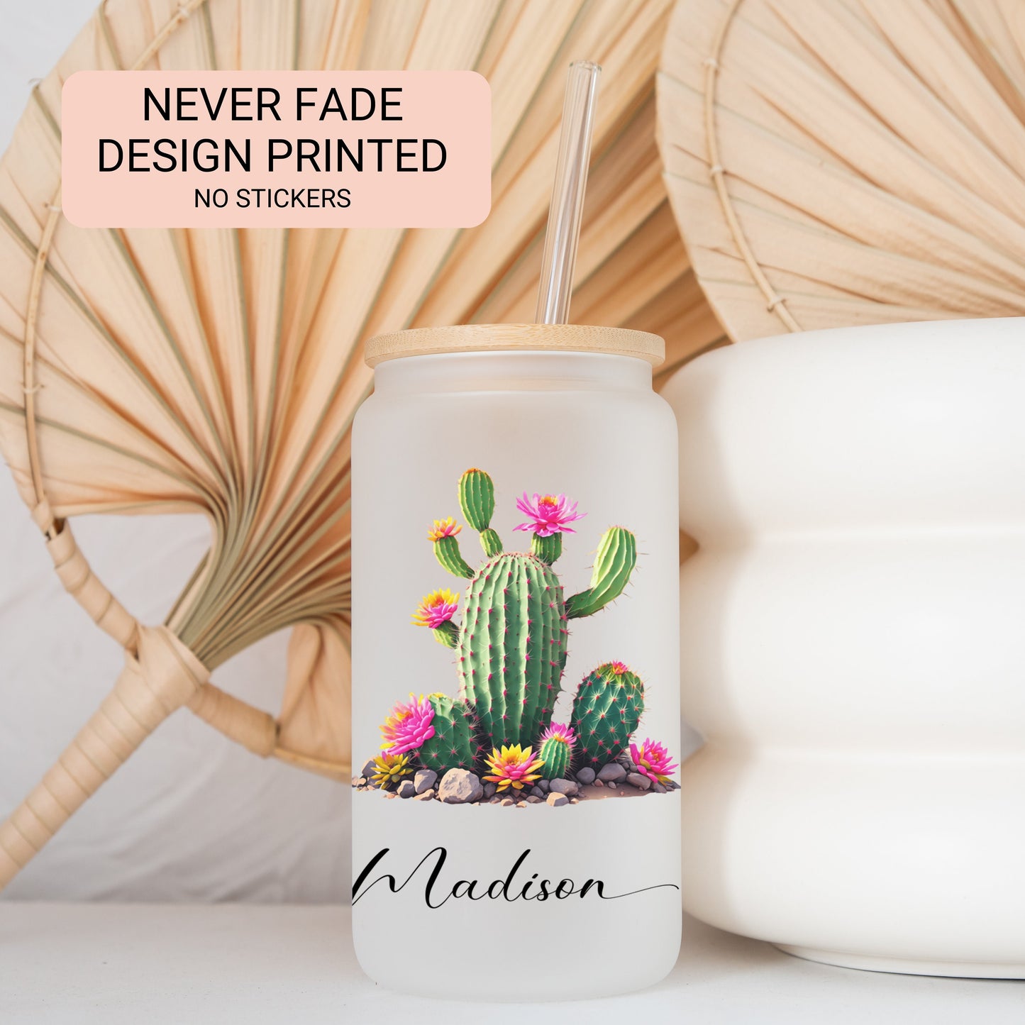 Personalized Cactus Frosted Glass Cup - Custom Tumbler for Iced Coffee Lovers