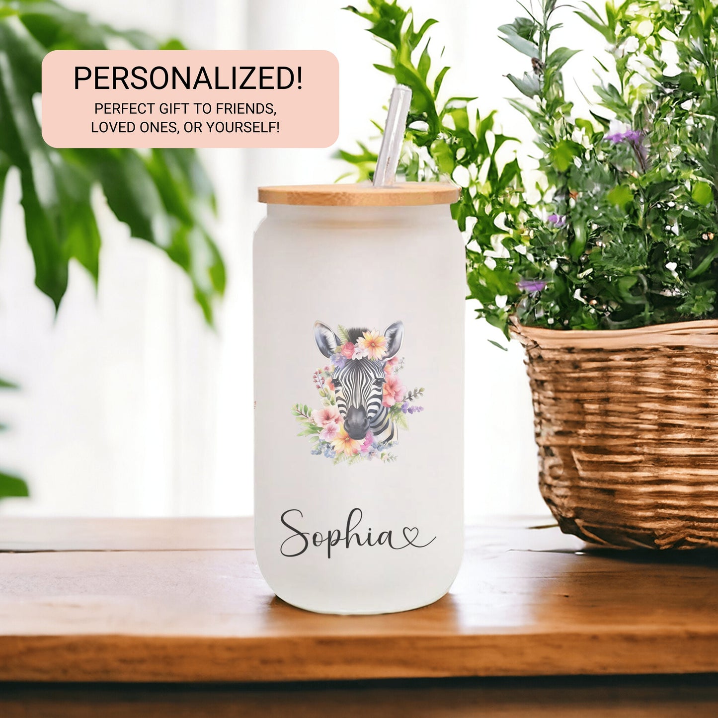 Personalized Zebra Frosted Glass Cup - Custom Iced Coffee Tumbler for Lovers