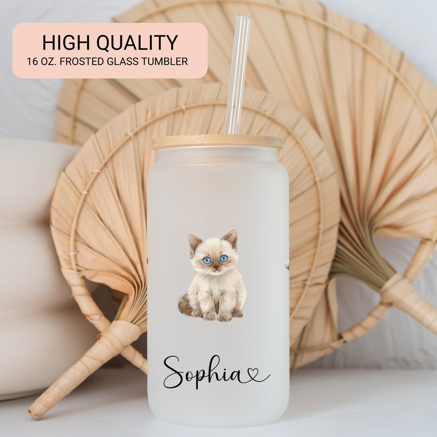 Personalized Cat Frosted Glass Cup - Custom Iced Coffee Tumbler for Cat Lovers