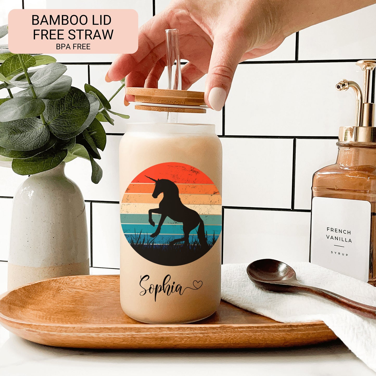 Personalized Unicorn Sunset Glass Cup - Custom Frosted Iced Coffee Tumbler