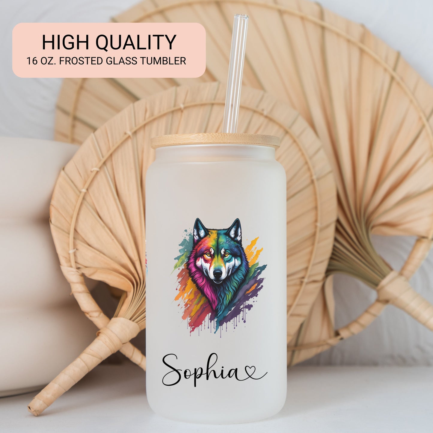 Personalized Wolf Frosted Glass Tumbler - Custom Iced Coffee Cup for Wolf Lovers