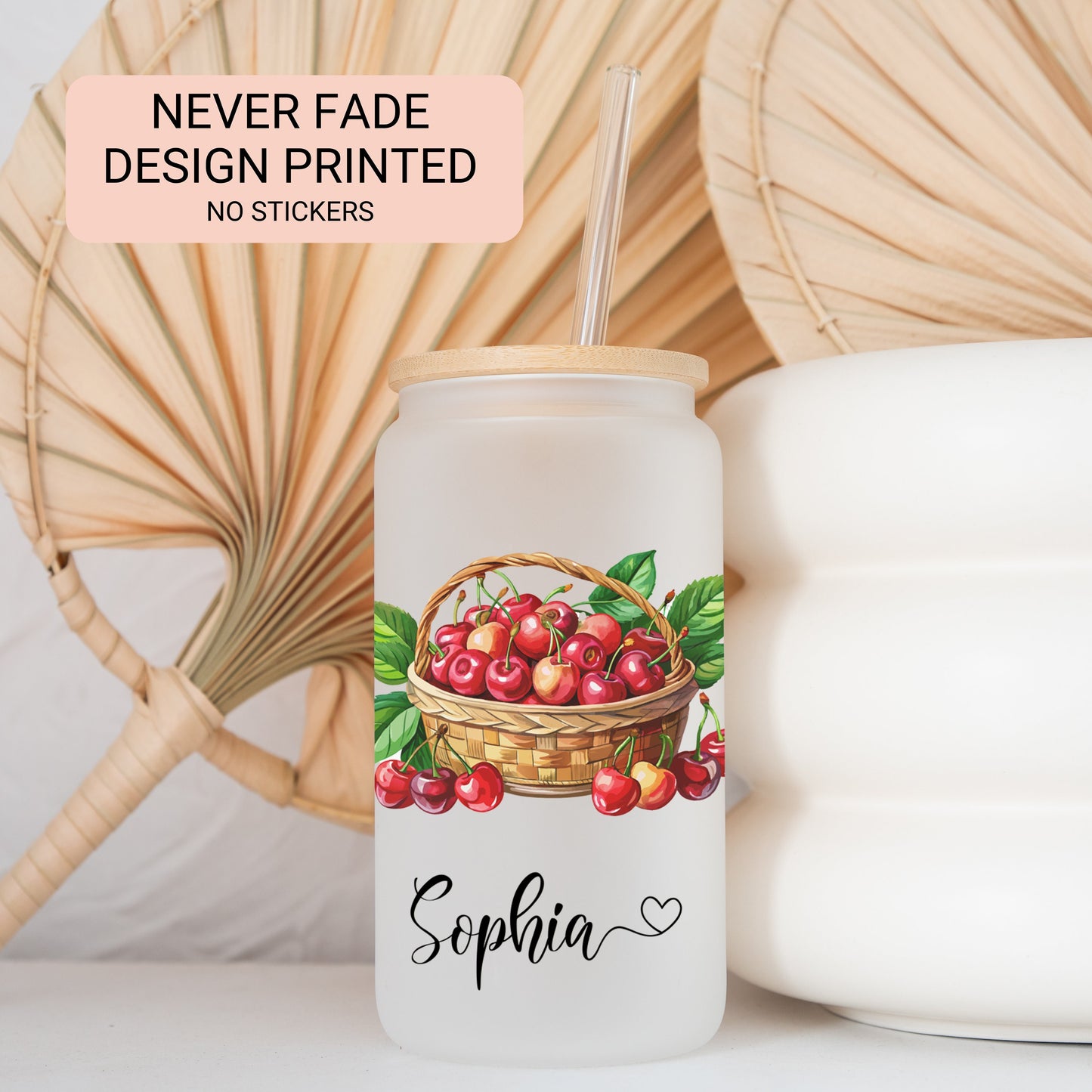 Personalized Cherry Glass Tumbler - Custom Frosted Cup for Iced Coffee Lovers