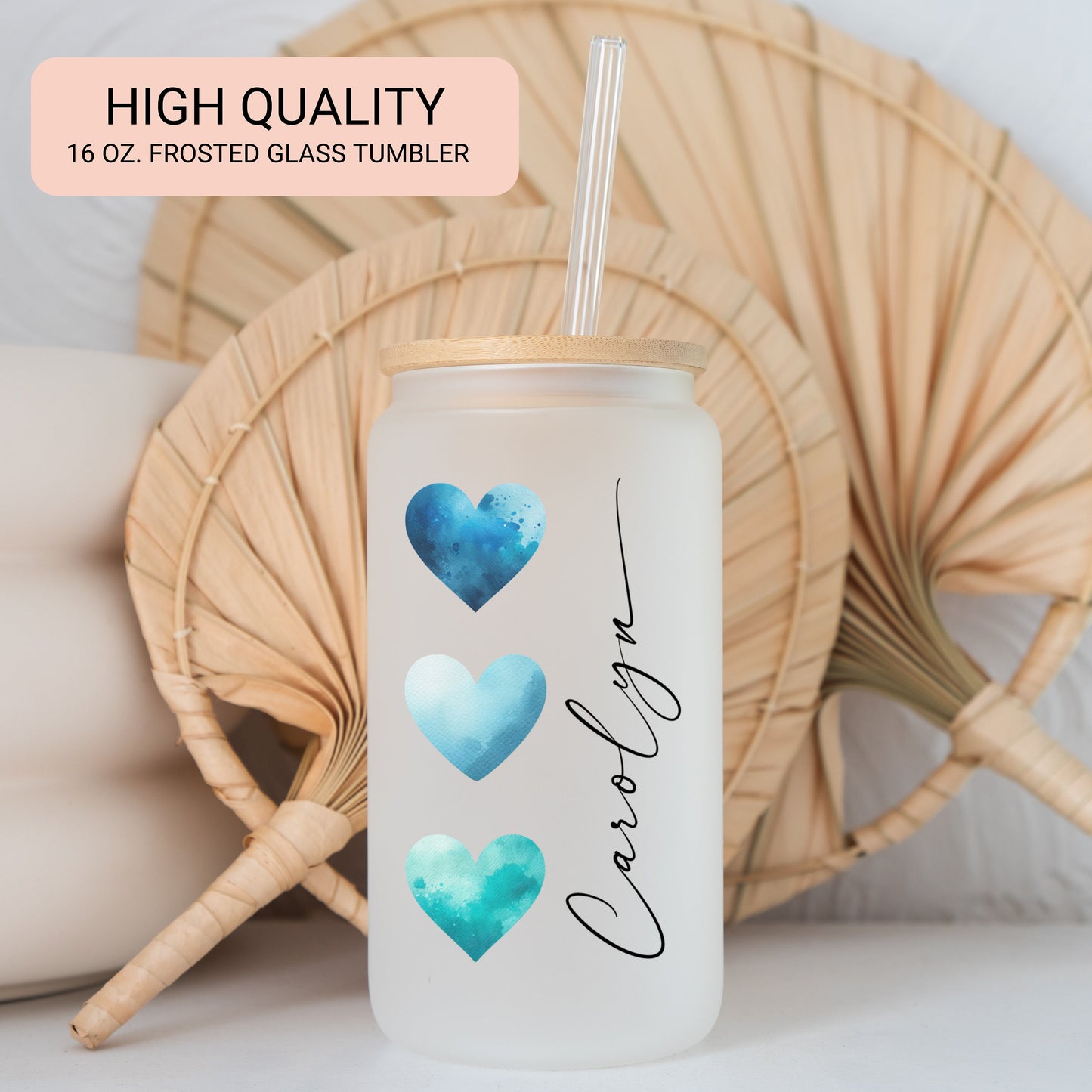 Personalized Blue Heart Glass Cup - Custom Frosted Tumbler for Iced Coffee Lovers