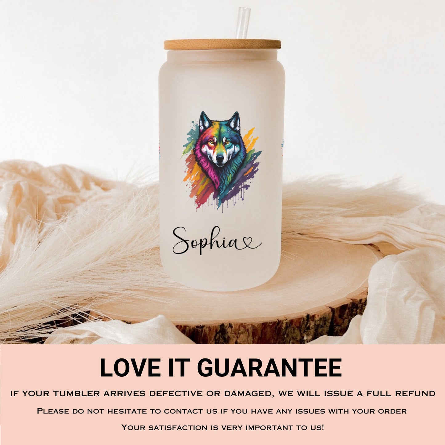 Personalized Wolf Frosted Glass Tumbler - Custom Iced Coffee Cup for Wolf Lovers