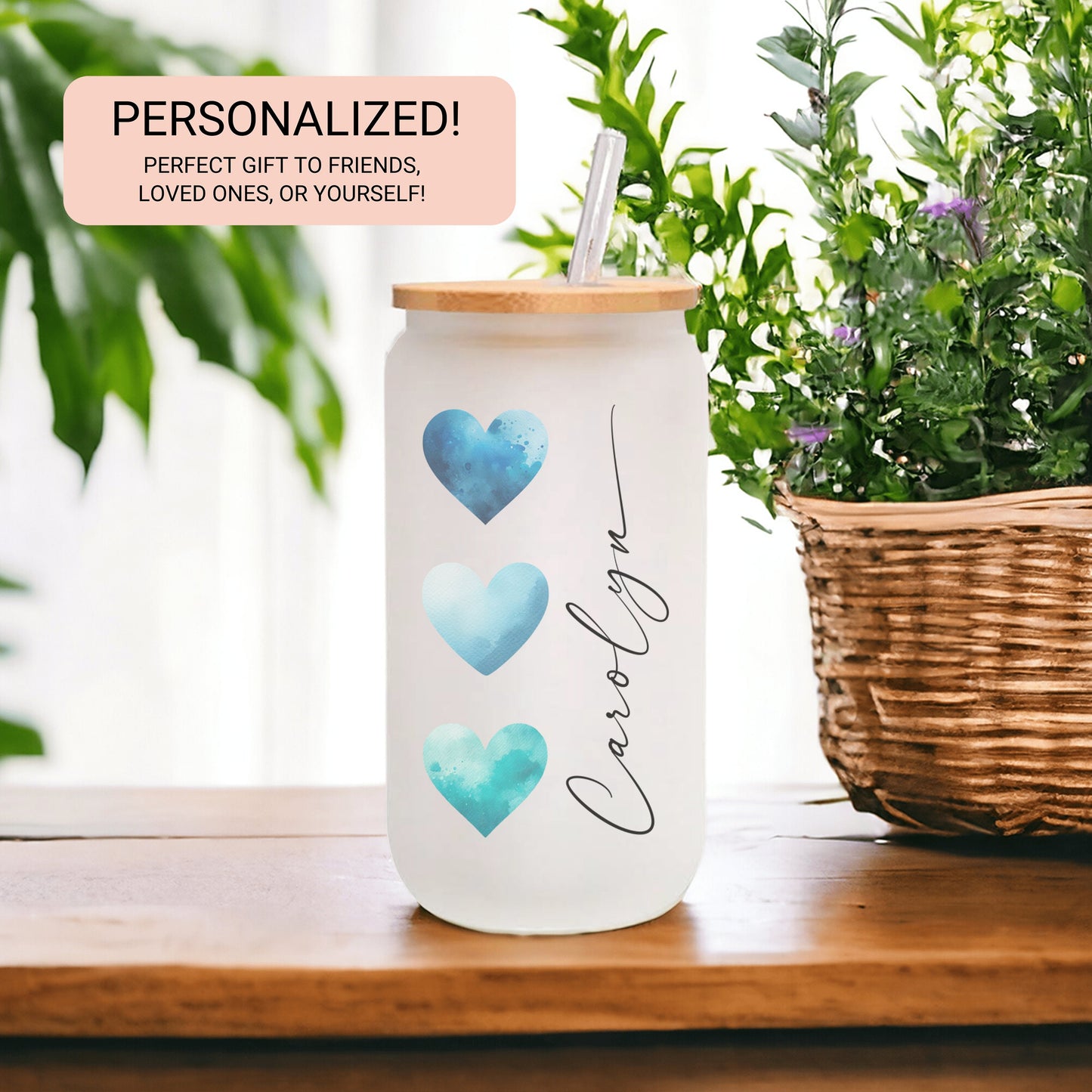 Personalized Blue Heart Glass Cup - Custom Frosted Tumbler for Iced Coffee Lovers