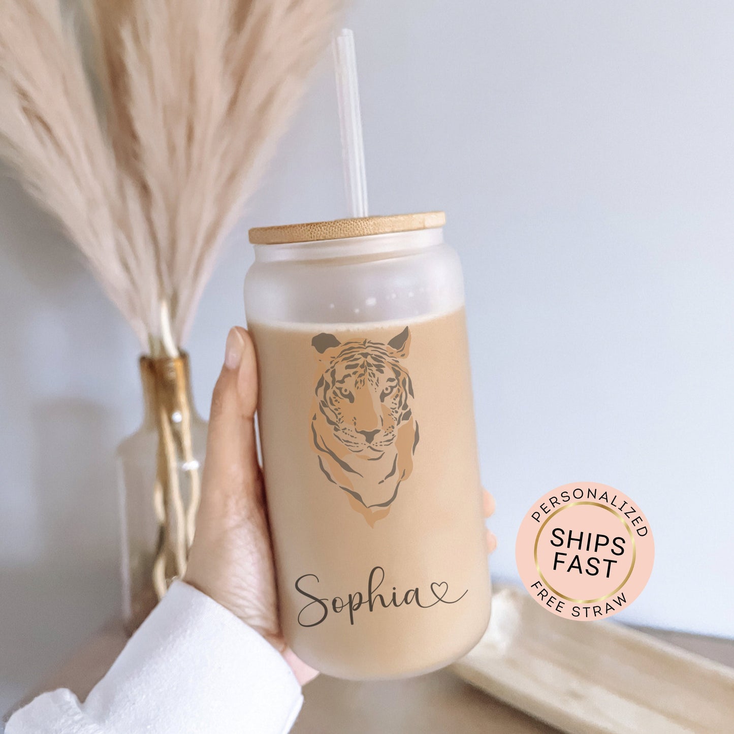 Personalized Tiger Frosted Glass Tumbler - Custom Iced Coffee Cup | Unique Gift for Tiger Lovers