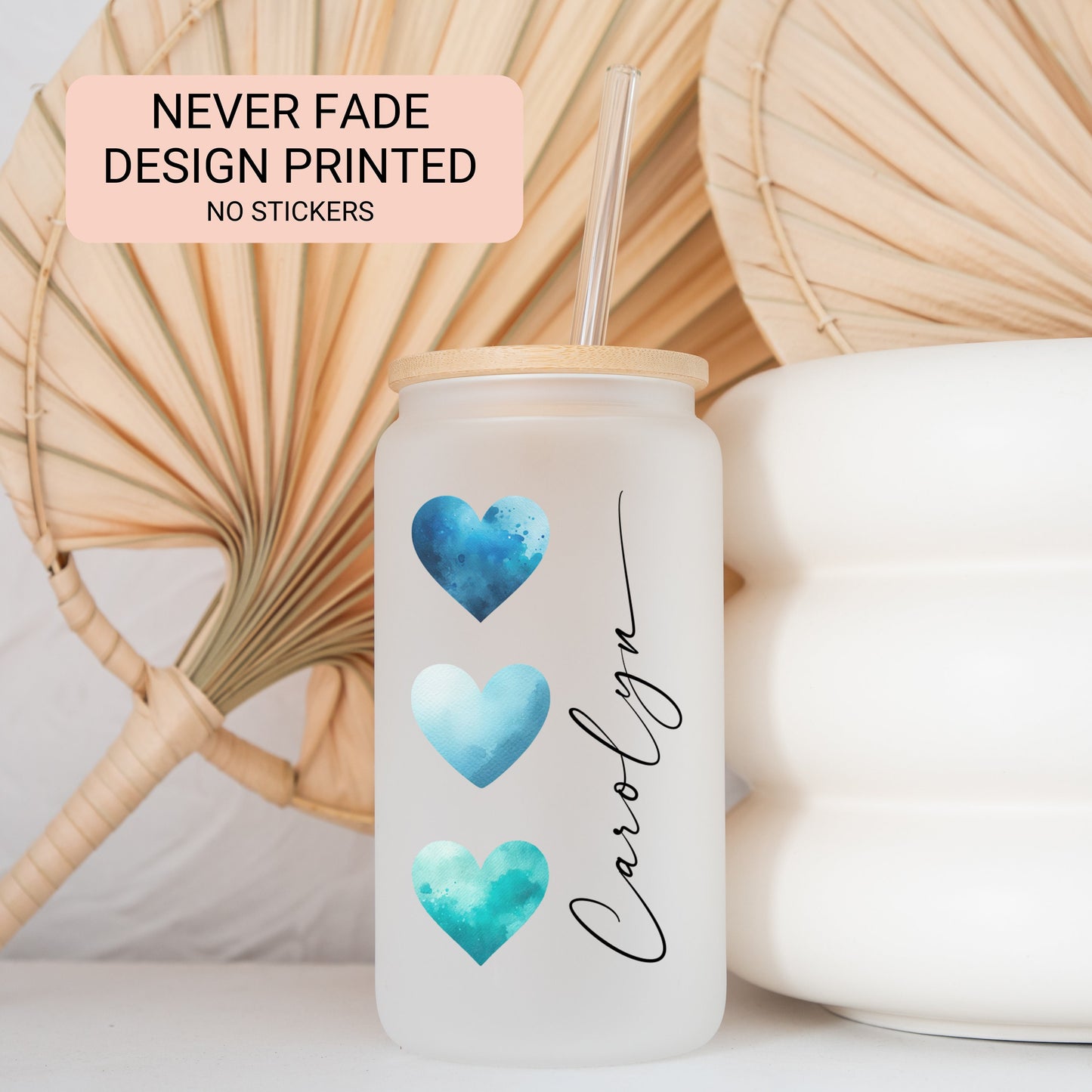Personalized Blue Heart Glass Cup - Custom Frosted Tumbler for Iced Coffee Lovers