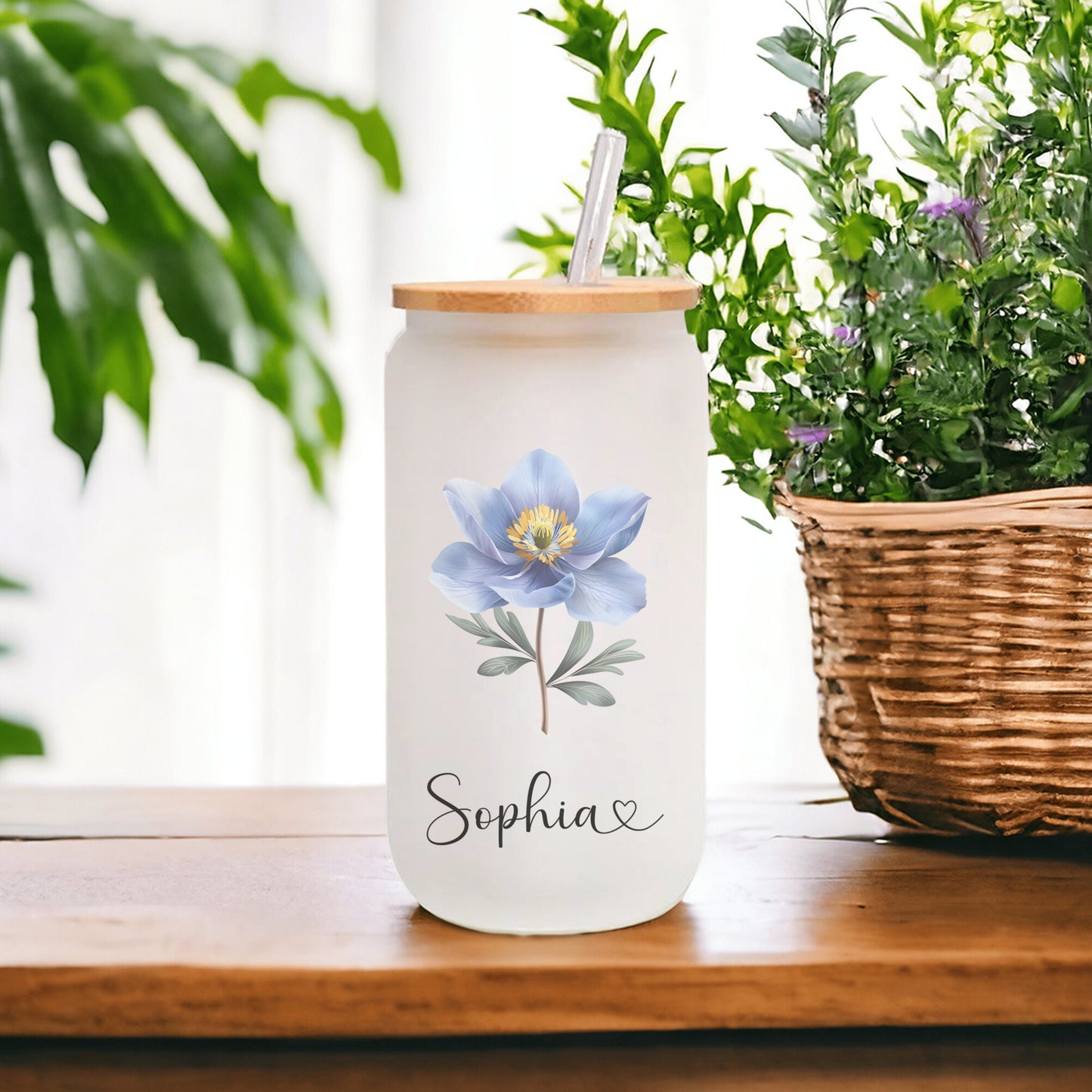 Personalized Wildflower Frosted Glass Cup - Custom Iced Coffee Tumbler