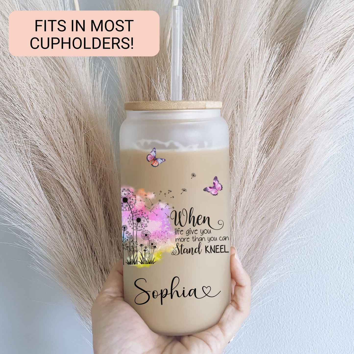 Personalized Butterfly Glass Tumbler - Custom Frosted Coffee Cup with Dandelion Design