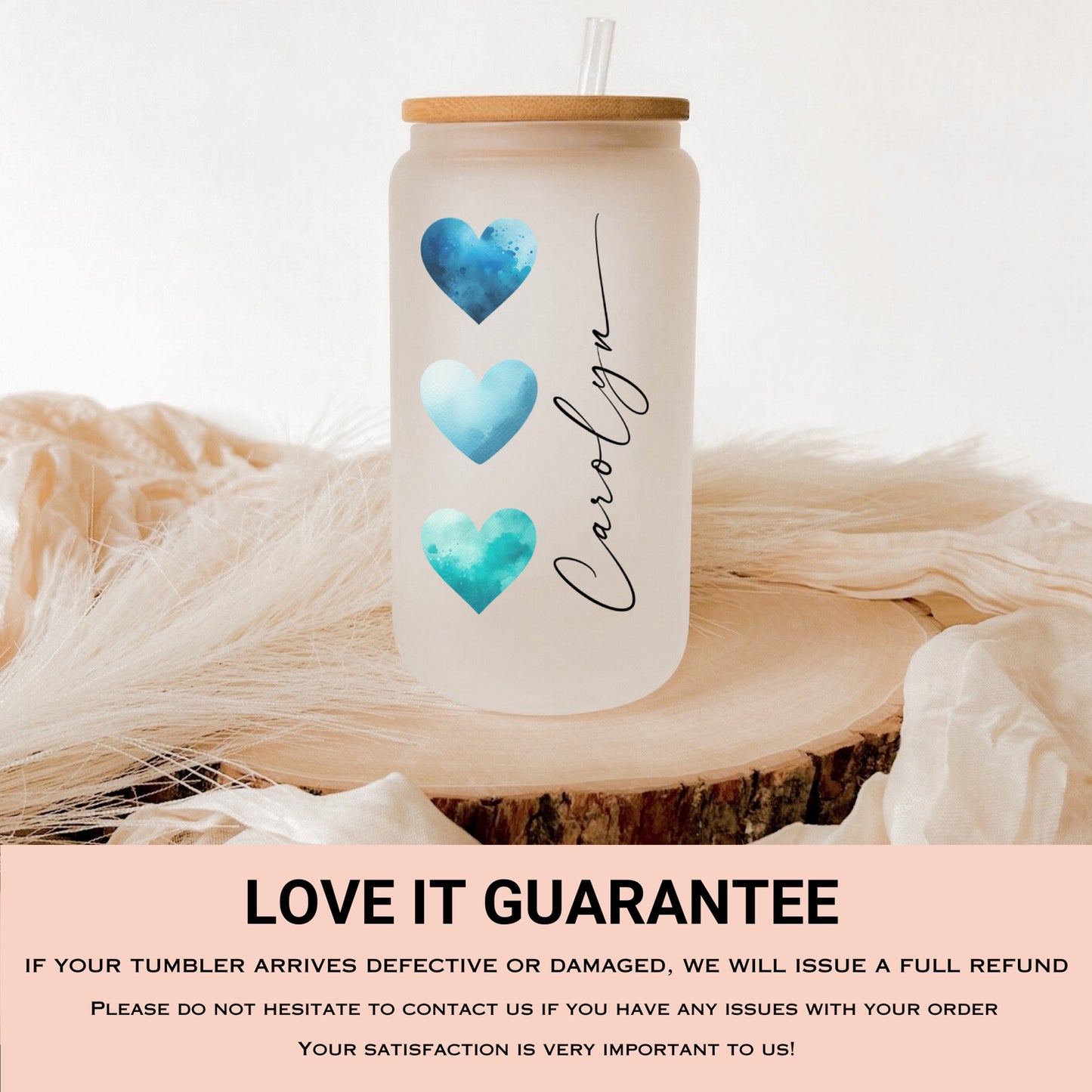 Personalized Blue Heart Glass Cup - Custom Frosted Tumbler for Iced Coffee Lovers