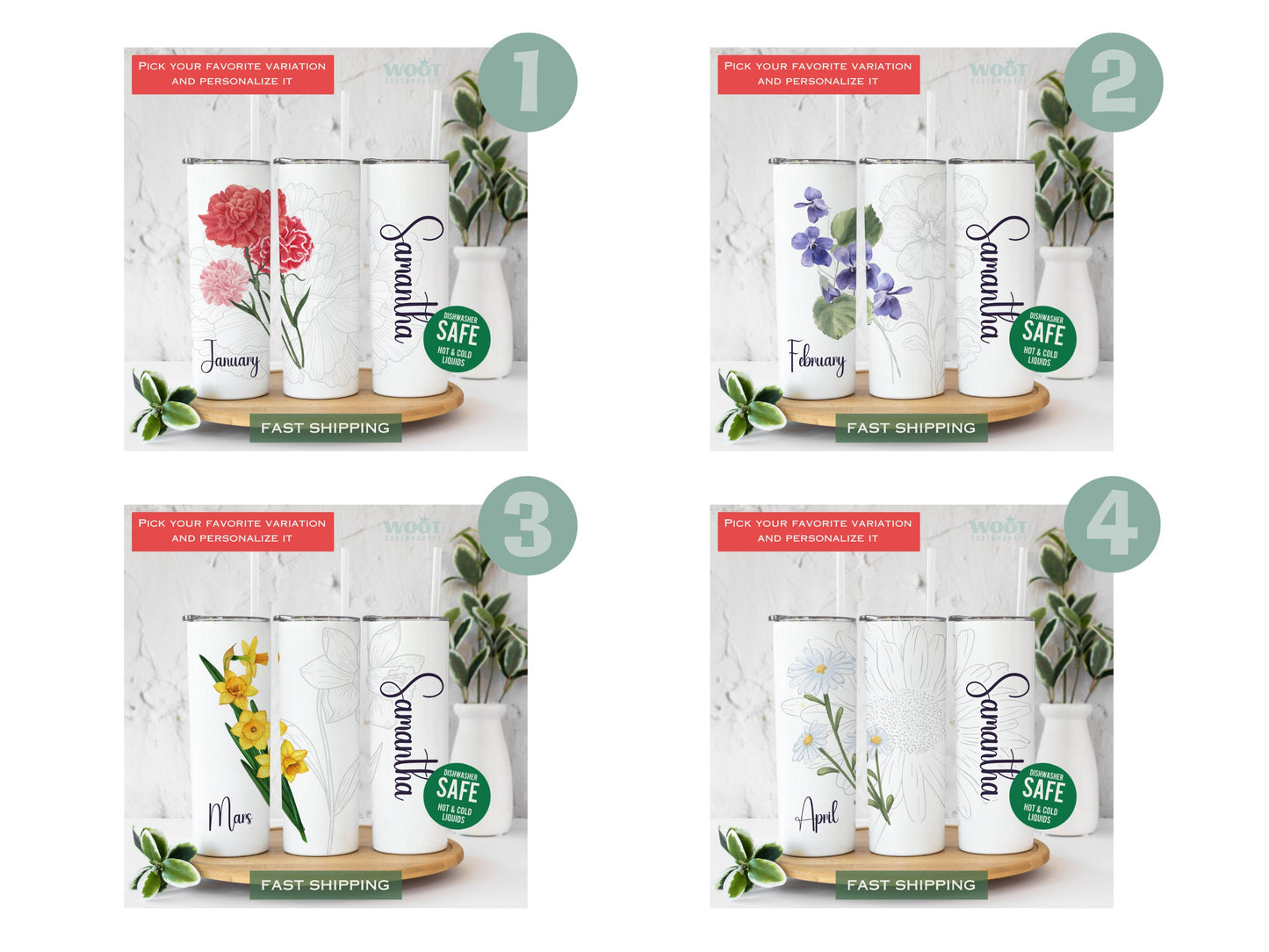 Three tumblers are showing all sides of a Birth Month Flowers Tumbler. It is snowing. There is a season flower on a white background, a personalized name, and the month name