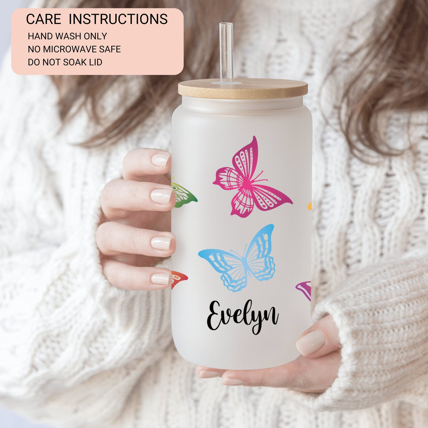 Personalized Butterfly Frosted Glass Cup - Custom Iced Coffee Tumbler for Butterfly Lovers