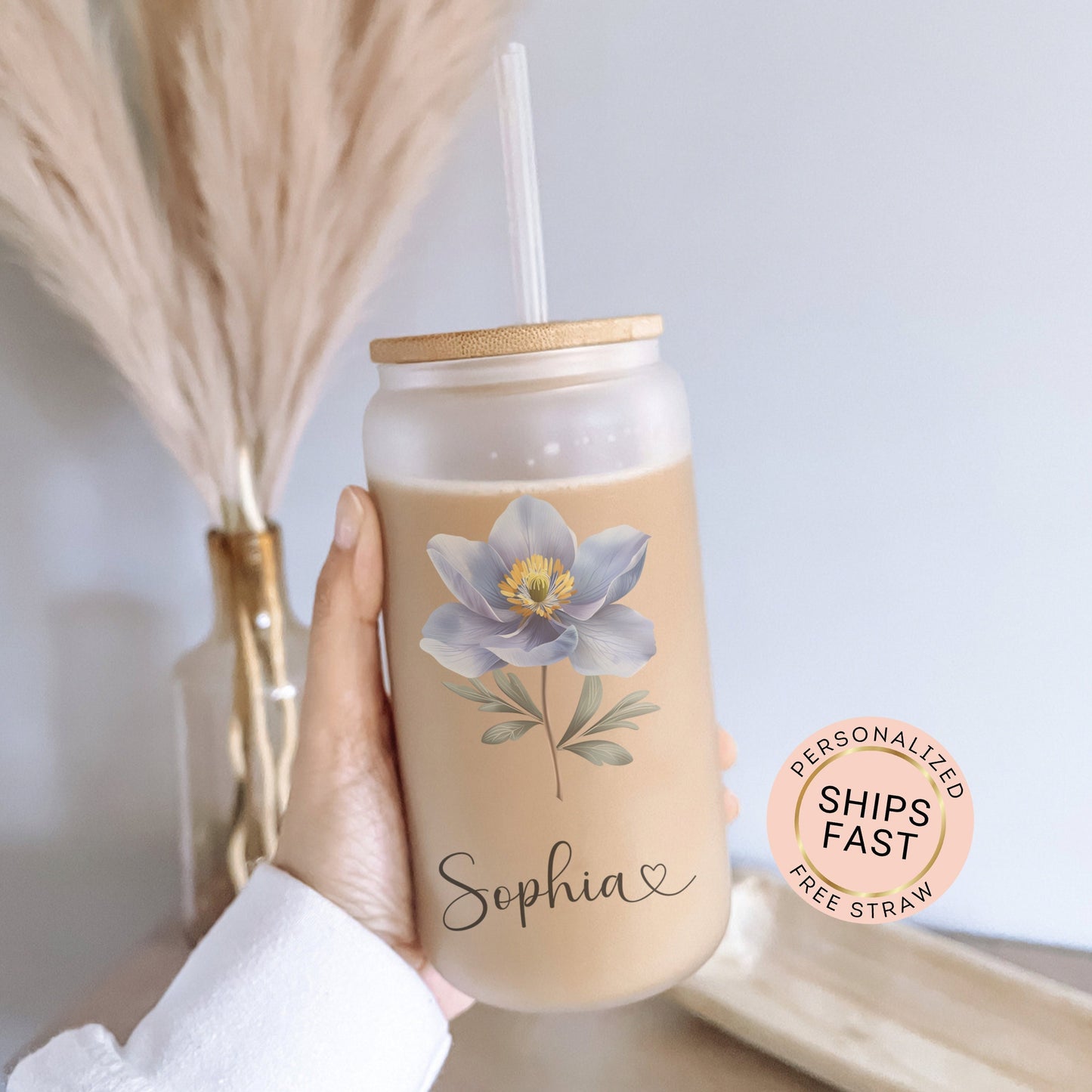 Personalized Wildflower Frosted Glass Cup - Custom Iced Coffee Tumbler