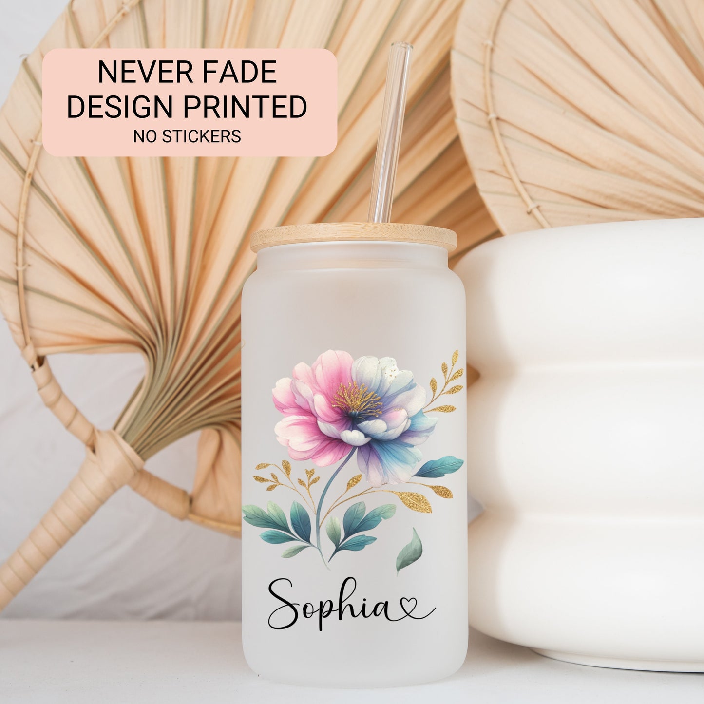 Custom Pastel Floral Frosted Glass Cup - Stylish Iced Coffee Tumbler
