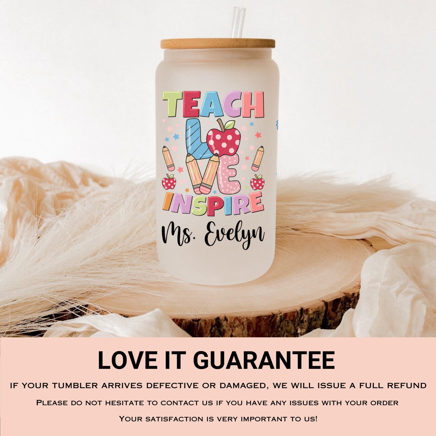 Personalized Teacher Cup - Custom Glass Tumbler for Iced Coffee Gift