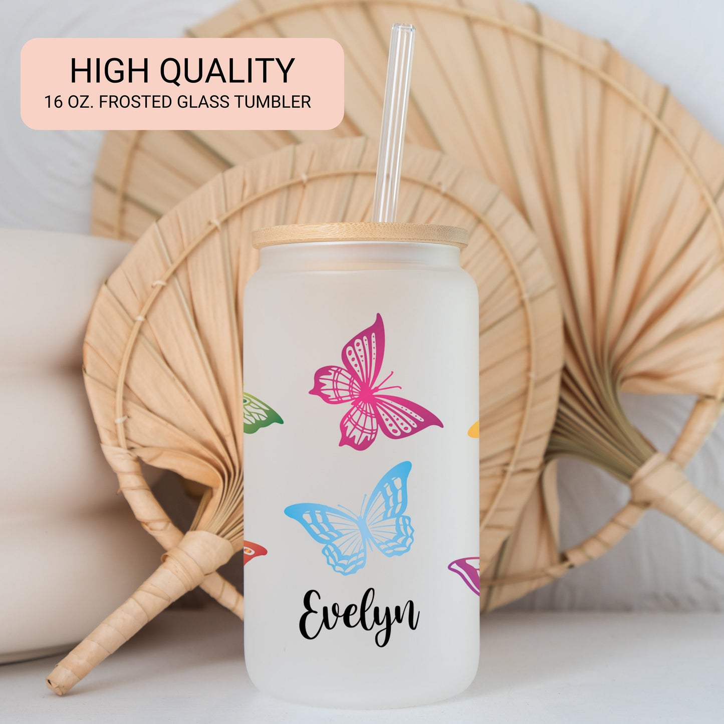 Personalized Butterfly Frosted Glass Cup - Custom Iced Coffee Tumbler for Butterfly Lovers