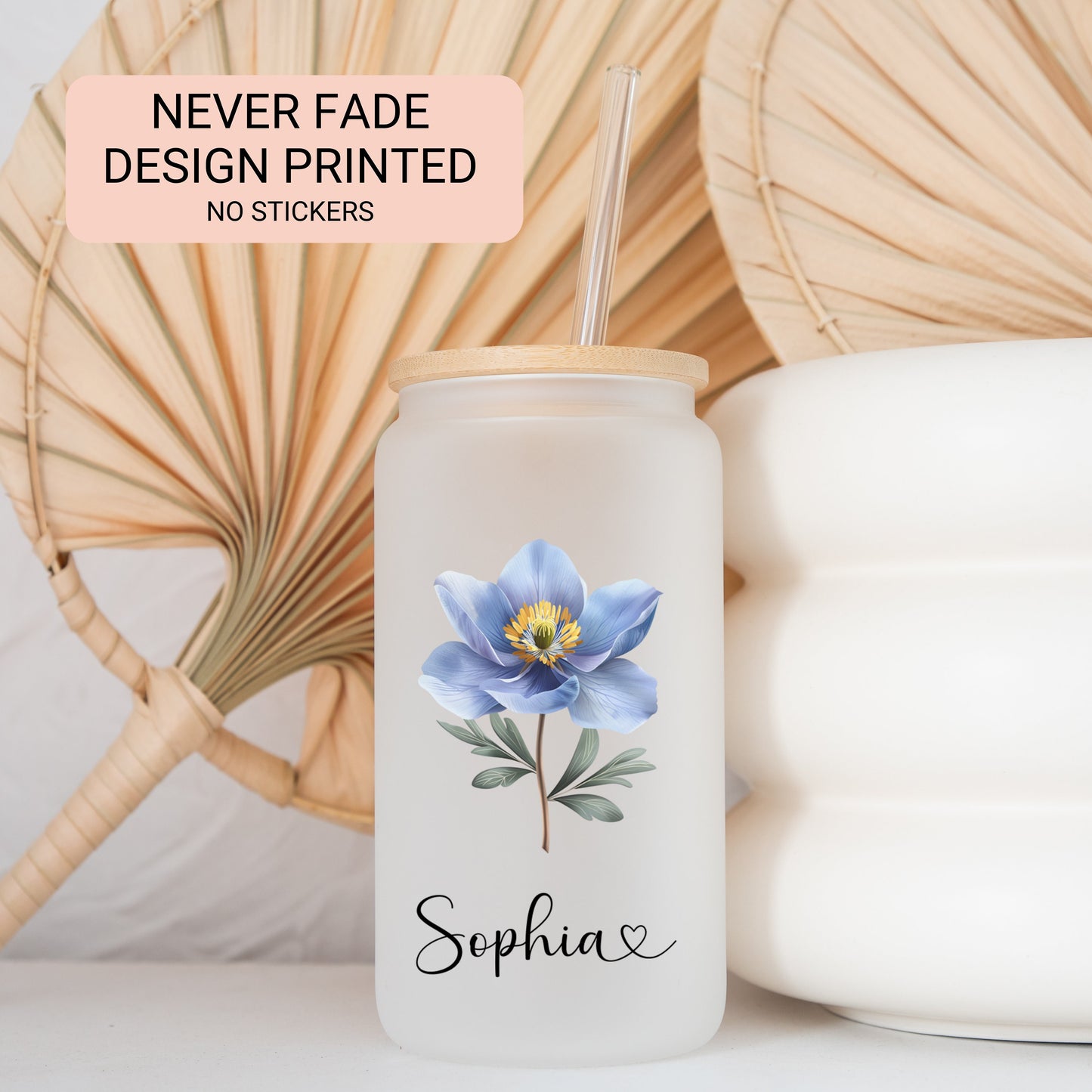 Personalized Wildflower Frosted Glass Cup - Custom Iced Coffee Tumbler